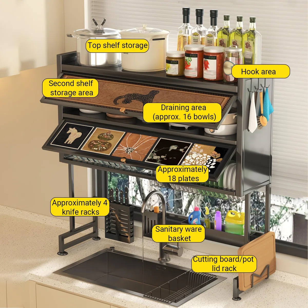 Escurridor de platos sobre el fregadero con tapa, soporte para utensilios que ahorra espacio para platos, vasos, cuencos y cubiertos, perfecto para cocinas pequeñas