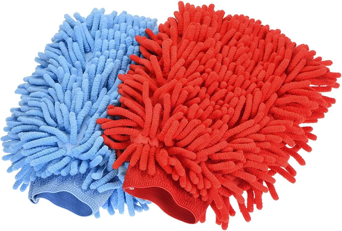 Guantes portátiles de trapo for lavado de autos Manopla de lavado de chenilla suave de microfibra Guantes for quitar el polvo grandes de doble cara for la limpieza de la casa, conjunto azul naranja 2