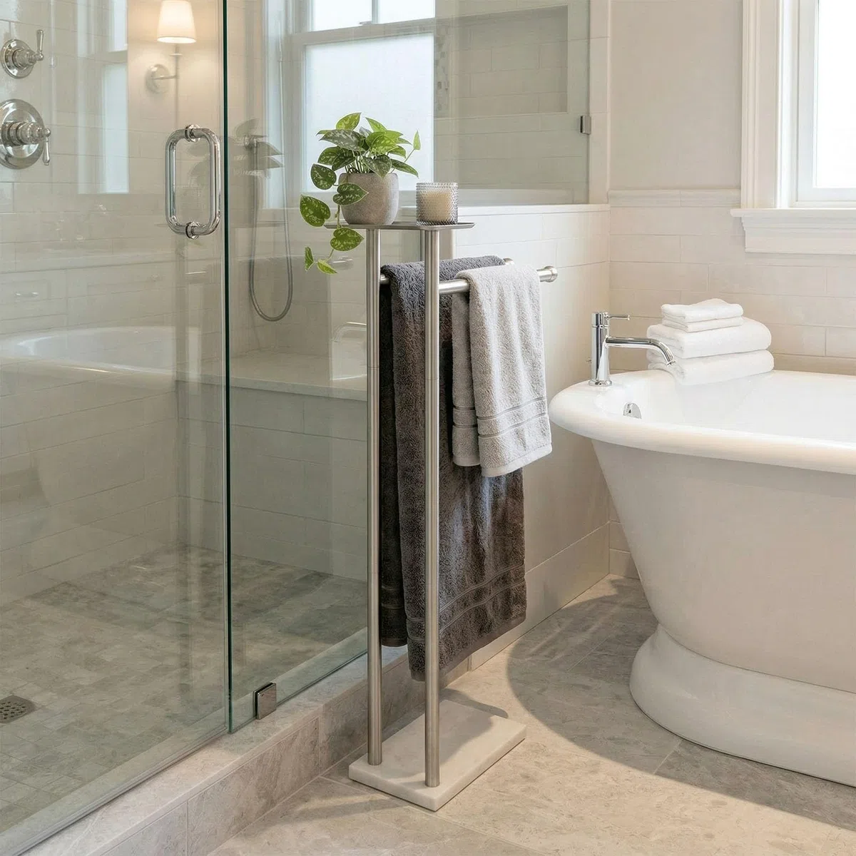 Songtec Toallero para baño, soporte para toallas de baño de 2 niveles para toallas de baño de máximo a 68 pulgadas, práctico estante en la parte superior
