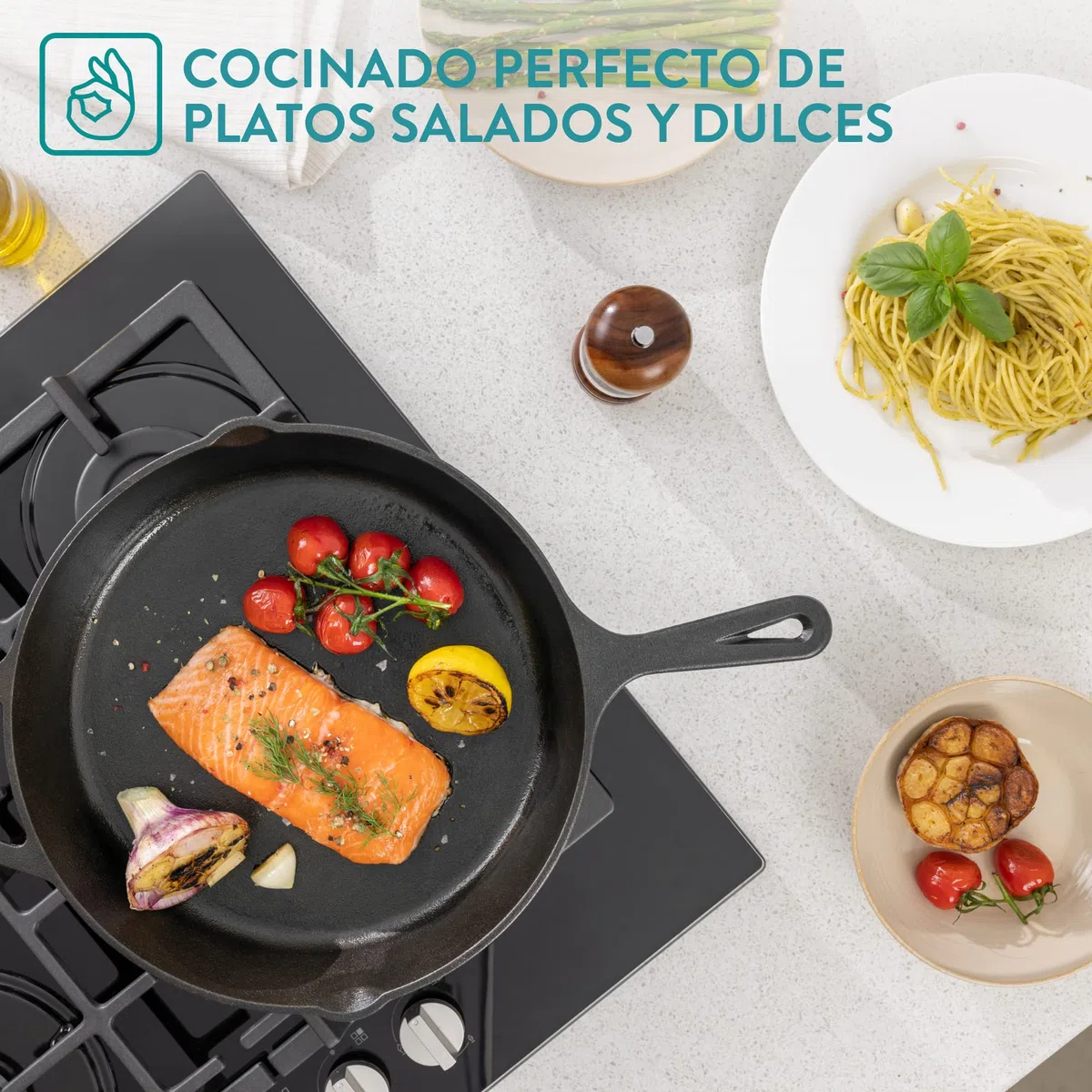Navaris Sarten Hierro Fundido Induccion 30 cm - Sartenes de Hierro Fundido Induccion Vitrocerámica Horno Barbacoa Cocina de Gas - Sartén Antiadherente 30 cm con 2 Asas - Cast Iron Pan