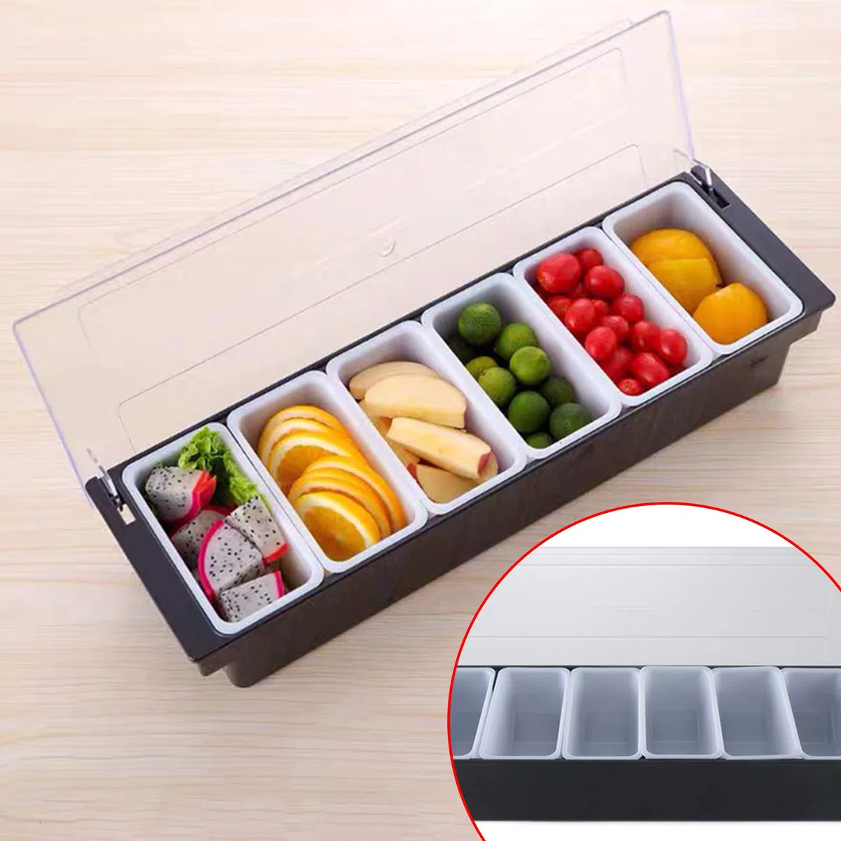 Contenedor de ingredientes ABS con tapa, recipiente para especias y ingredientes, 6 compartimentos de 200 ml, para limones, frutas, aceitunas y cócteles, pizza