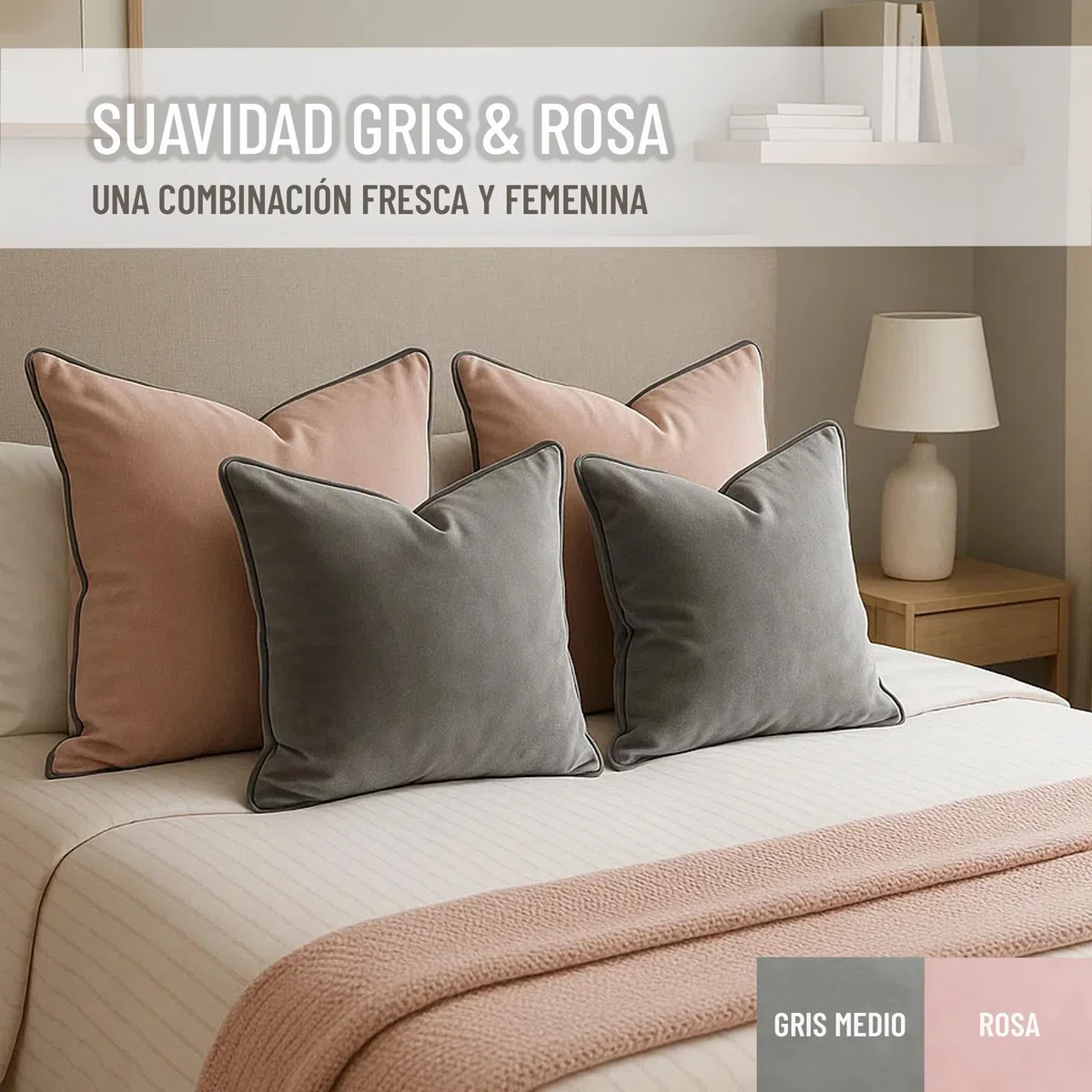 Set de 2 Fundas Cojín Terciopelo 30x50 cm – Cojines Decorativos sofá Cama salón. Funda cojín con Ribete. Relleno no Incluido. (Rosa y Gris)