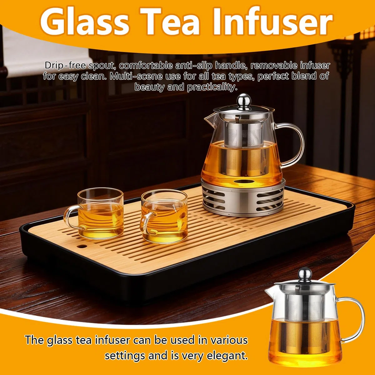Teteras de Vidrio con Infusor, 1300ML Tetera de Cristal Borosilicato con 4 Tazas Tetera de Cristal para Hornillo con Calientaplatos Tea Pot Transparente Cristal para Té Hojas Sueltas Frutas Flor