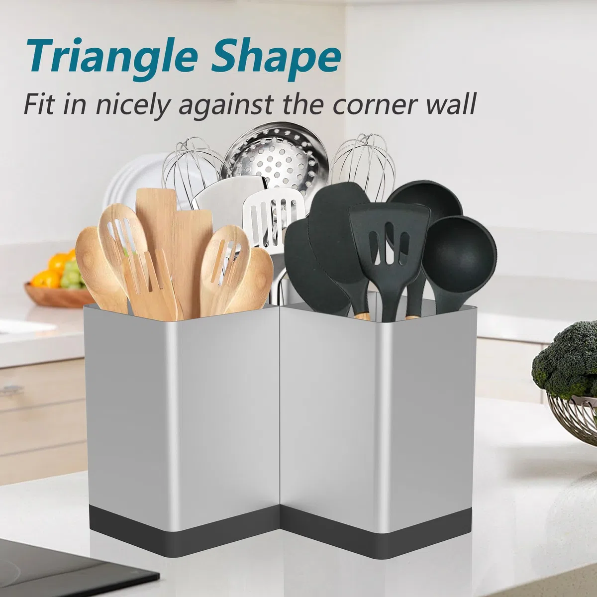 Suli Organizador de utensilios, carrito de cocina para encimera, esquinas, estilo rústico, almacenamiento rústico para cocina, 3 compartimentos, color plateado