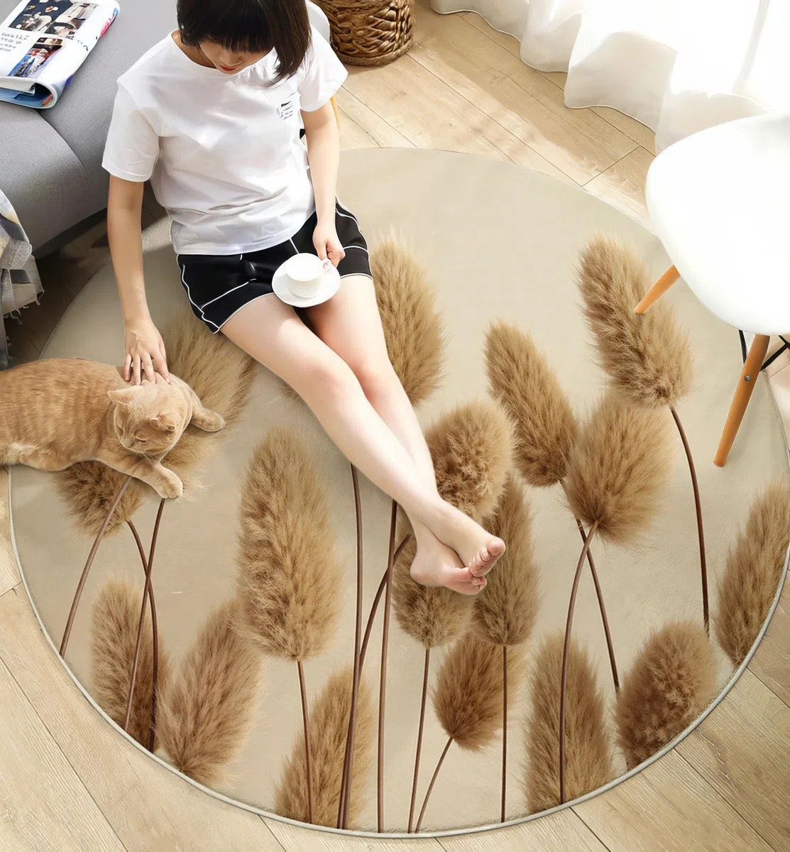 Alfombra Redonda Hierba Cola Conejo Esponjosa, 100cm Alfombras de Pelo Corto Suave Sencillez Natural Tapetes Antideslizante y Lavables para Sala de Estar, Dormitorio y Habitación Infantil, Beige