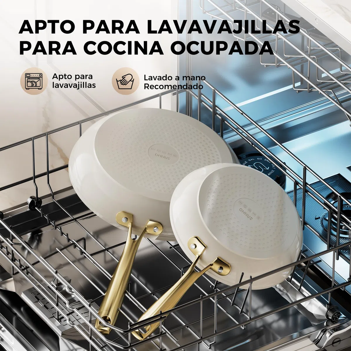 Sanho Sartén antiadherente con mango dorado (8-10-12 pulgadas, 3 piezas)