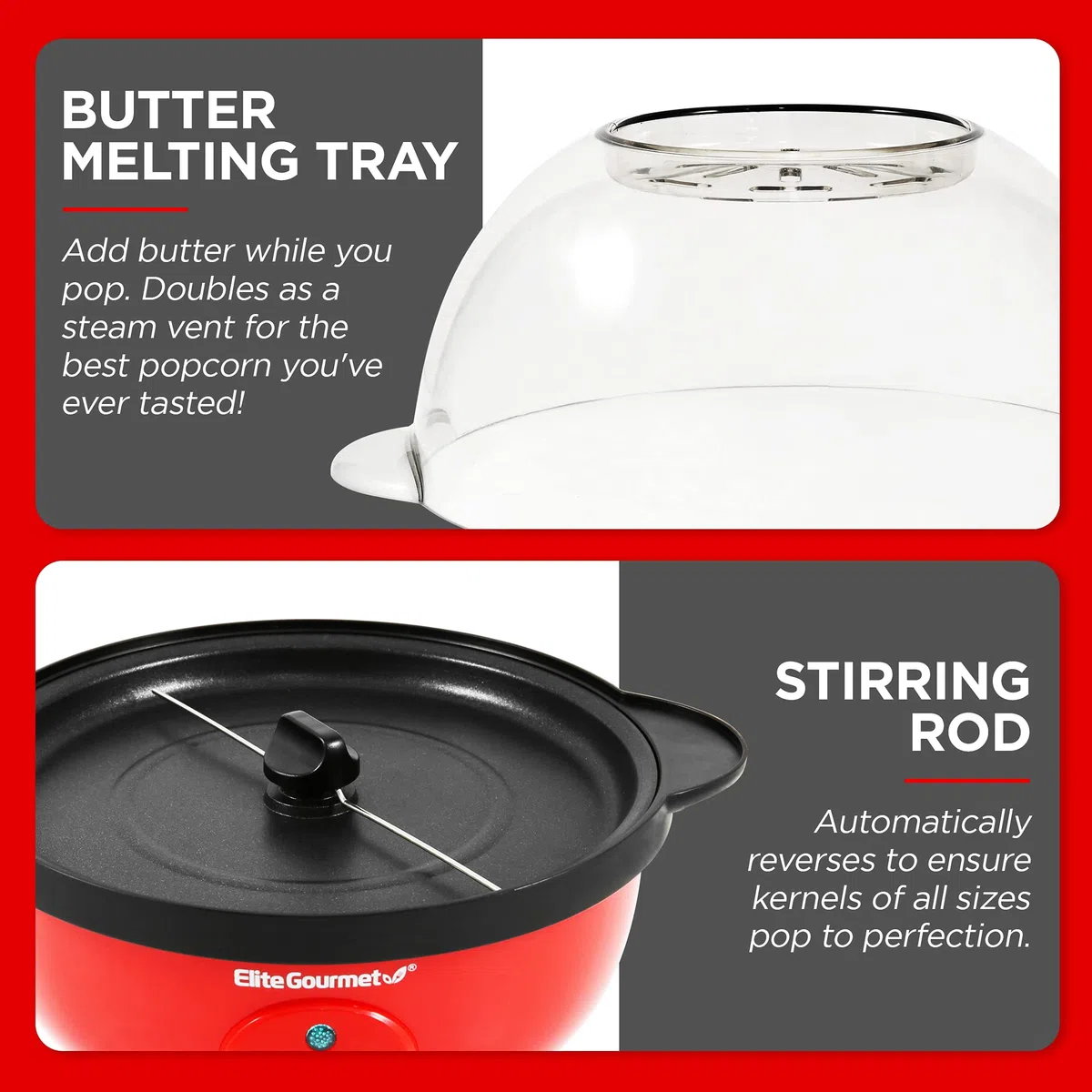 Elite Gourmet Automatic Stirring Popcorn Maker Popper, Electric Hot Oil Popcorn Machine with Measuring Cap & Built-in Reversible Serving Bowl, Great for Home Party Kids, Safety ETL Approved, Red