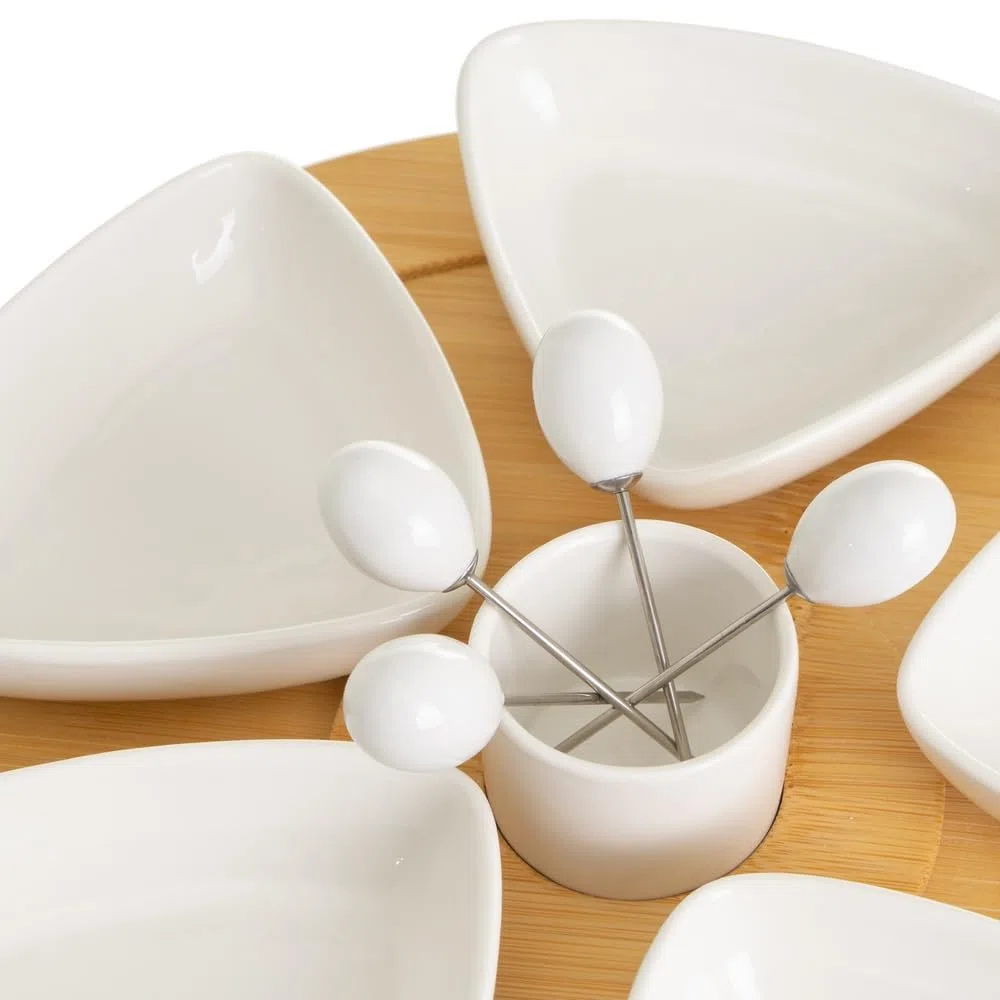 Juego de 6 platos de aperitivo blancos de porcelana con bandeja de bambú natural de Ø 30 cm
