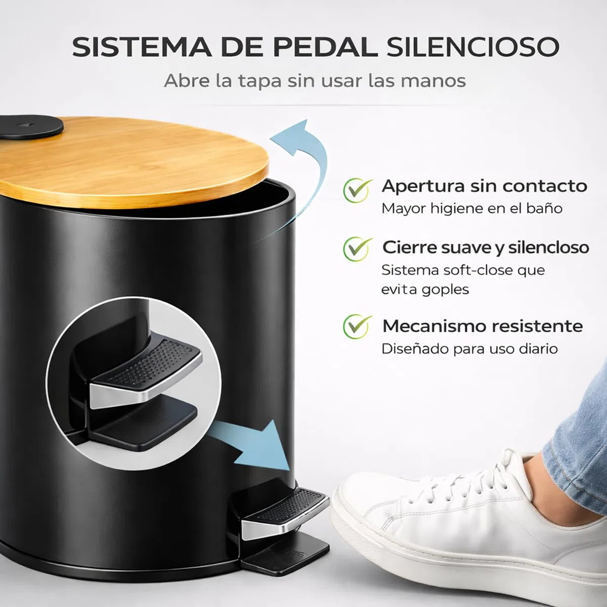 TIENDA EURASIA – Set de Baño Papelera 3L + Escobillero | Metal con Tapa de Bambú | Cubo Interior Extraíble | Papelera con Pedal y Asa para Transportar | Diseño Moderno | para Baño (Negro)