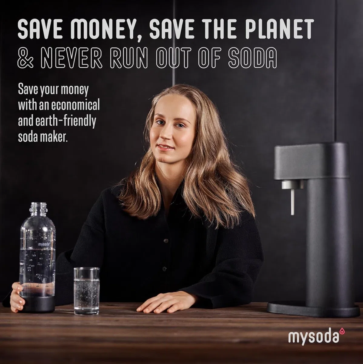 Mysoda Woody Black - Máquina de carbón vegetal, incluye botella de agua, negra (sin cilindro de CO2)