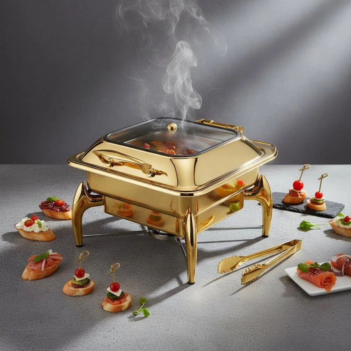 Calentador de Buffet Chafing Dish Recipiente Servidor Acero Inoxidable Dorado 9L la Comida Caliente Patas Uso Continuo Adecuado para Hoteles Bufés, Cuadrado De 6L con Soporte