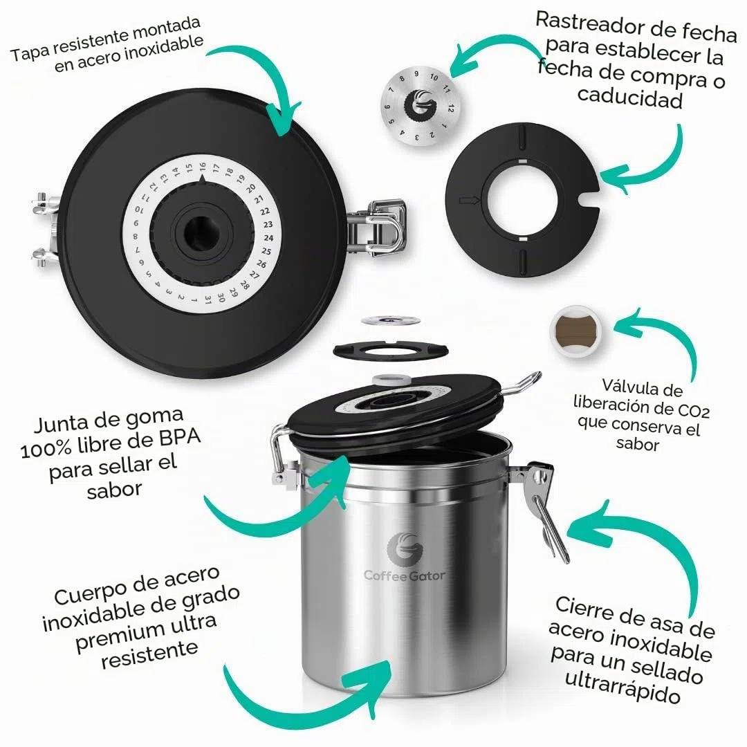 Coffee Gator - Recipiente para conservar el sabor, con rastreador de fecha, válvula de liberación de CO2 y cuchara, tamaño mediano