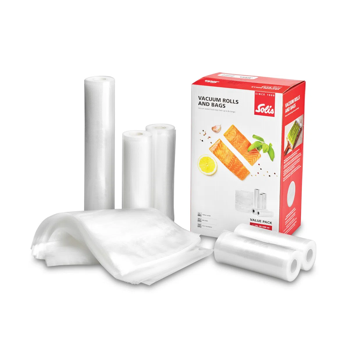 Solis 5 rollos de película y 50 bolsas al vacío, ideal para usar con máquinas de envasado al vacío, sin BPA