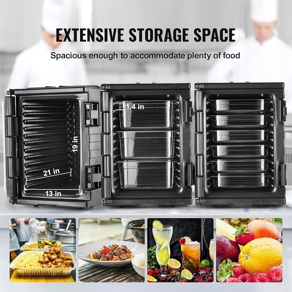 Caja de poliestireno de 90 l, porta alimentos aislante, con asas y ruedas integradas, calentador de alimentos de carga frontal, para transporte de alimentos en camping y picnics, color negro