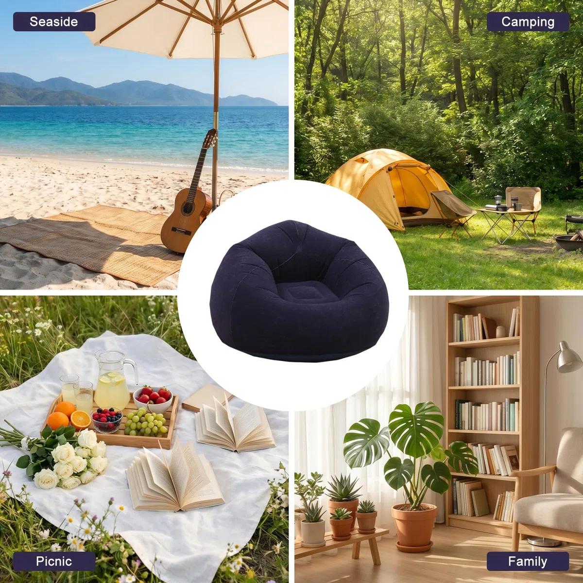 Sofá Inflable, Sofá Inflable Portátil con Bomba de Aire, Tumbona Inflable para Camping, Playa y Piscina, Adecuado para Niños, Adultos y Familias (Azul)