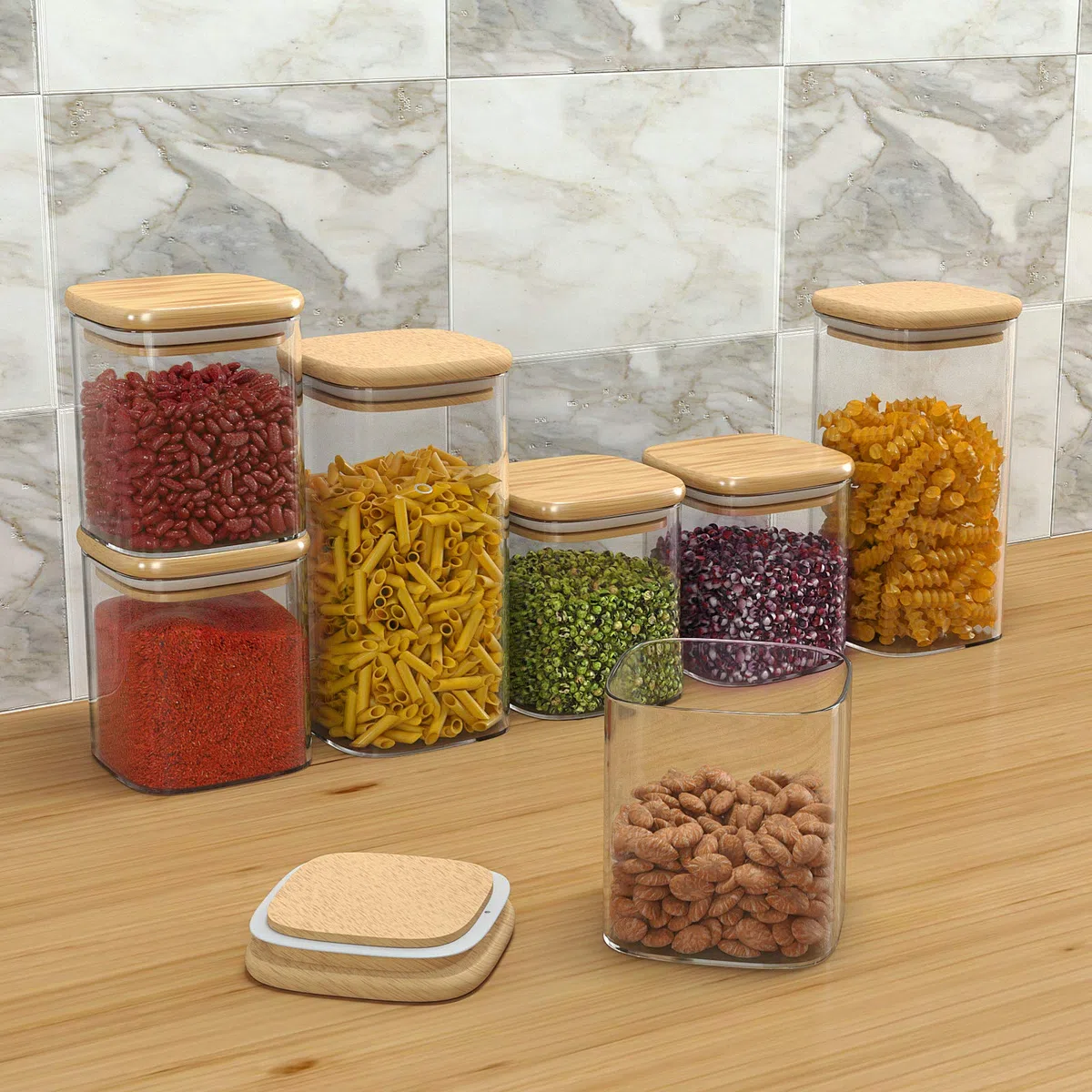 Tarros de almacenamiento de vidrio con tapa de bambú, paquete de 12 tarros herméticos para alimentos, recipientes de almacenamiento de cocina transparentes para especias, harina, galletas y semillas