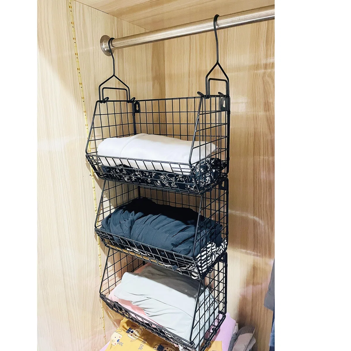Cestas de alambre plegables colgantes de 3 niveles, organizador de armario, estantes de ropa, estante de encimera, contenedor de montaje en pared, cesta de almacenamiento de alambre para ropa, bolsos