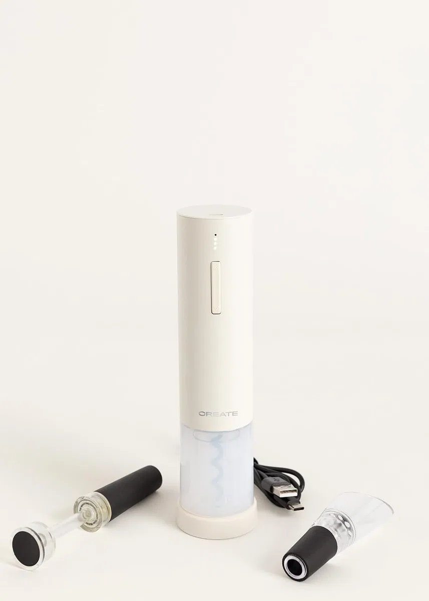 CREATE/WINE OPENER/Sacacorchos eléctrico con accesorios blanco roto/Autonomía para 50 botellas, 4 velocidades, indicador de batería, 4 accesorios, cargador USB-C, 15W