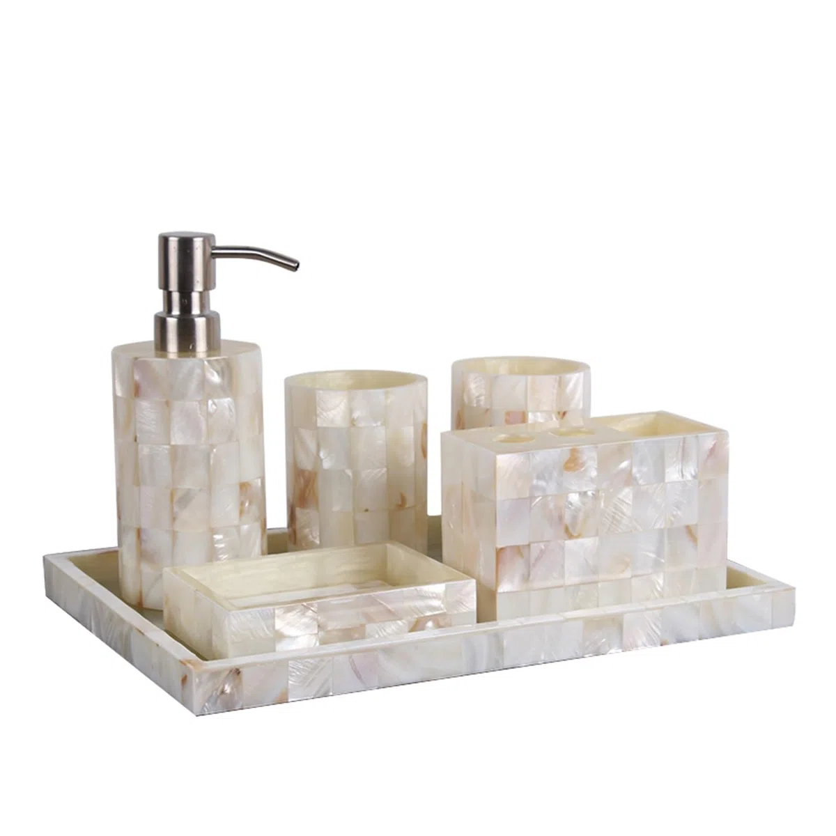 Set Dispensador Jabon Baño Juego de cinco piezas de accesorios de baño de resina con forma de concha, herramientas de lavado, dispensador de jabón, vaso for gárgaras, soporte for cepillo de dientes, j