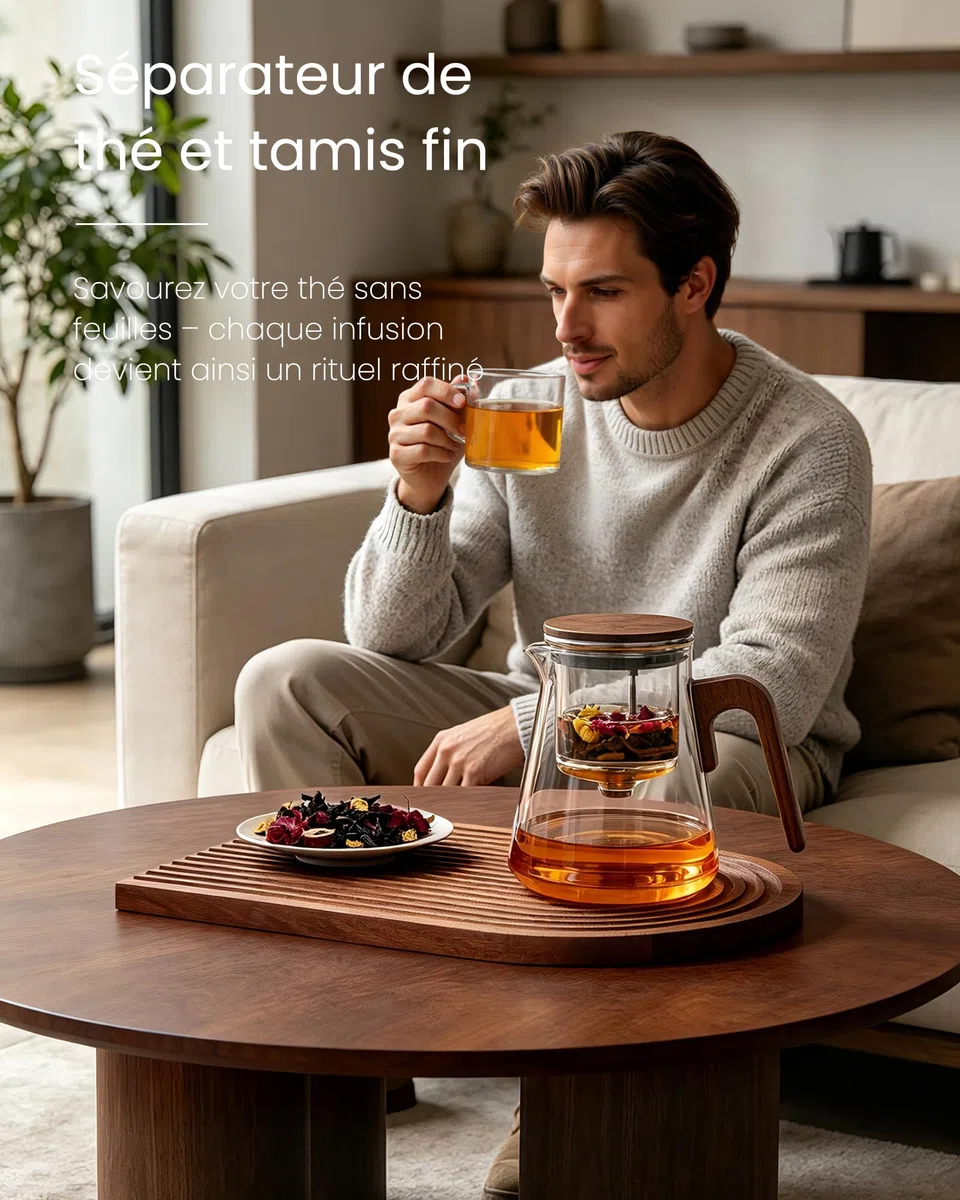 ZENS Theiere con infusor, Magic tetera de cristal con tapa de succión magnética para té de hojas sueltas sin daños, mango de madera de nogal, regalos para los amantes del té-800ML