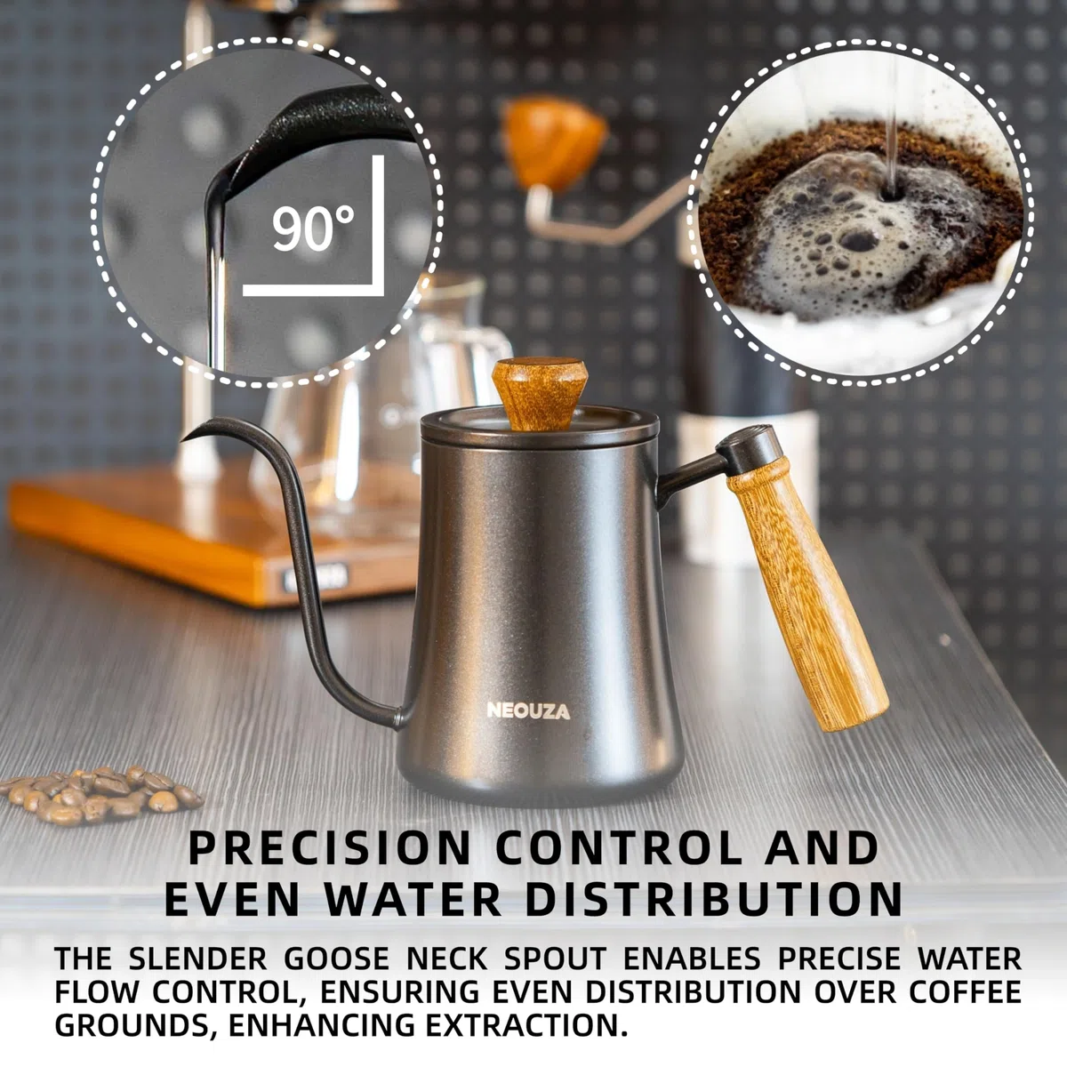 NEOUZA Pour Over Coffee - Hervidor de cuello de ganso, 600 ml, con termómetro de alta precisión, acero inoxidable 304, mango ergonómico de madera, opciones de calefacción versátiles, fácil de limpiar