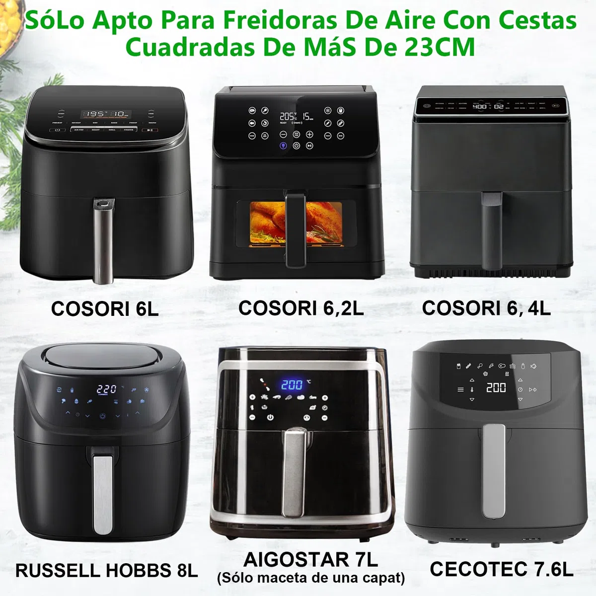 23CM Accesorios Freidora de Aire para COSORI 6L/6,2L/6,4L, Cecotec 7,6L, 4PCS Cuadrado Moldes para Freidora de Aire con Papel, Rejilla Multiusos, Bandeja para Pizza, Molde Silicona Freidora de Aire