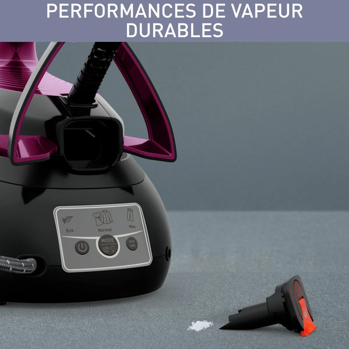 Calor central vapor, 6,9 bares, flujo de vapor 130 g/min, función de prensado 480 g/min, tanque 1,8 L, Led Vision, colector de piedra caliza, fabricado en Francia, púrpura/negro SV8152C0