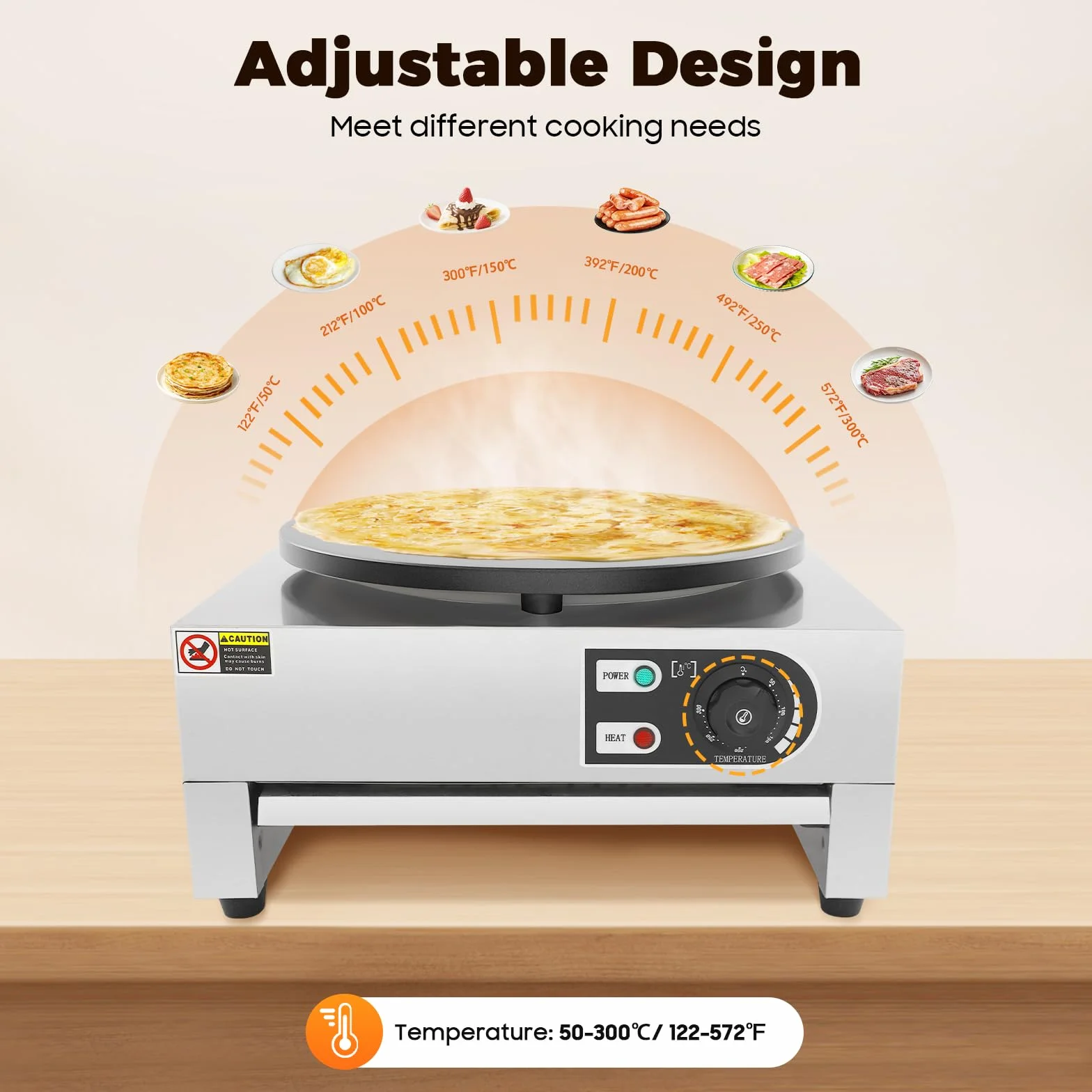 Crepa eléctrica 3 KW Crepiere sartén antiadherente 40cm temperatura ajustable con espátula de madera 48,5 x 45 x 24cm – para el hogar restaurante comida camión