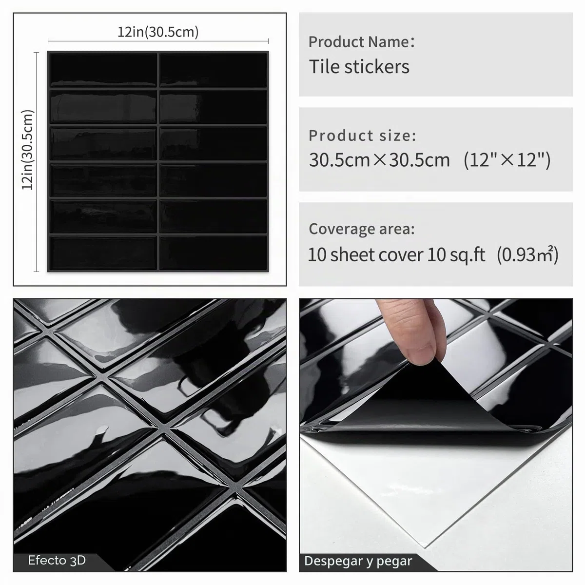 DEWOO Vinilo Azulejos Baldosas Adhesivo pared Rectángulos Metro Papel Pintado Ladrillo para Cocina y Baño Stick Tiles (10, Negro)