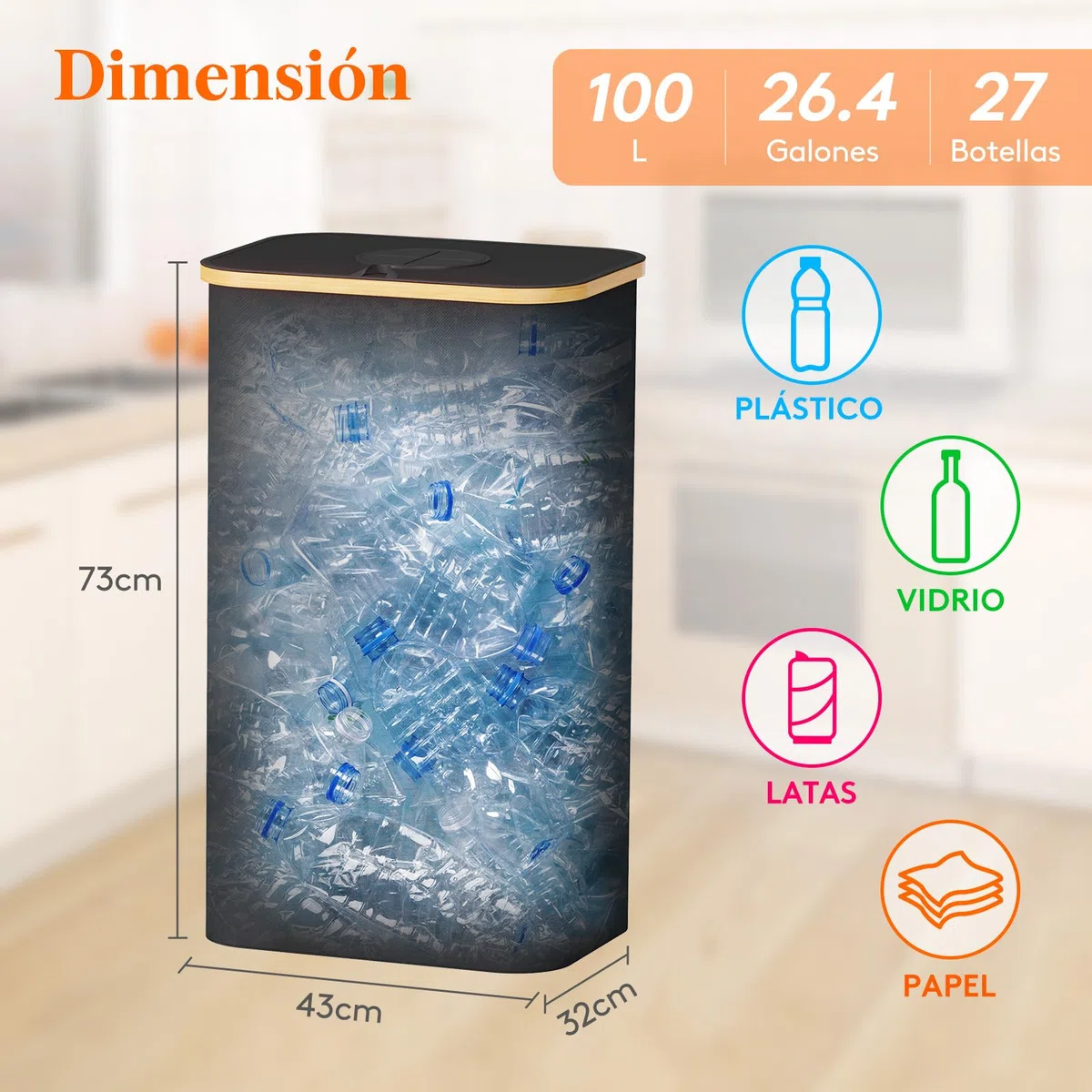 Lifewit Cubo de Reciclaje 100 L Portátil, Contenedor para Botellas de Vidrio y Plástico, Gran Papelera de Bambú para Reciclaje Selectivo, Negro