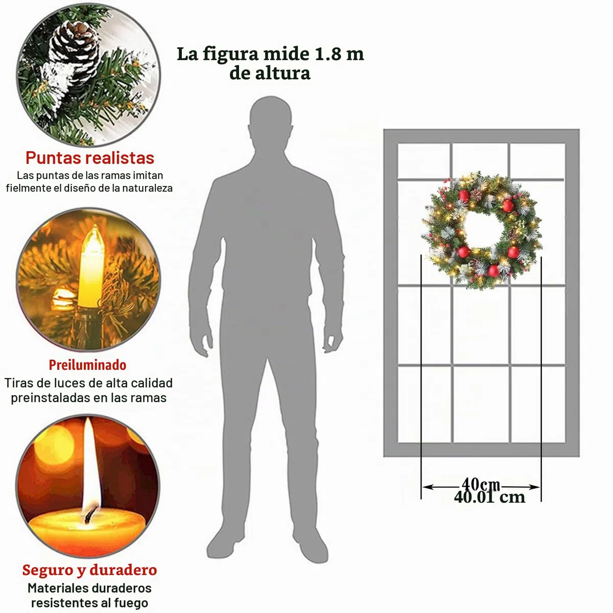 Guirnalda navideña de 40 cm, decoración para puerta de entrada, con luces LED y gancho, guirnaldas artificiales para ventana, chimenea, decoración navideña de pared, para interior y exterior,