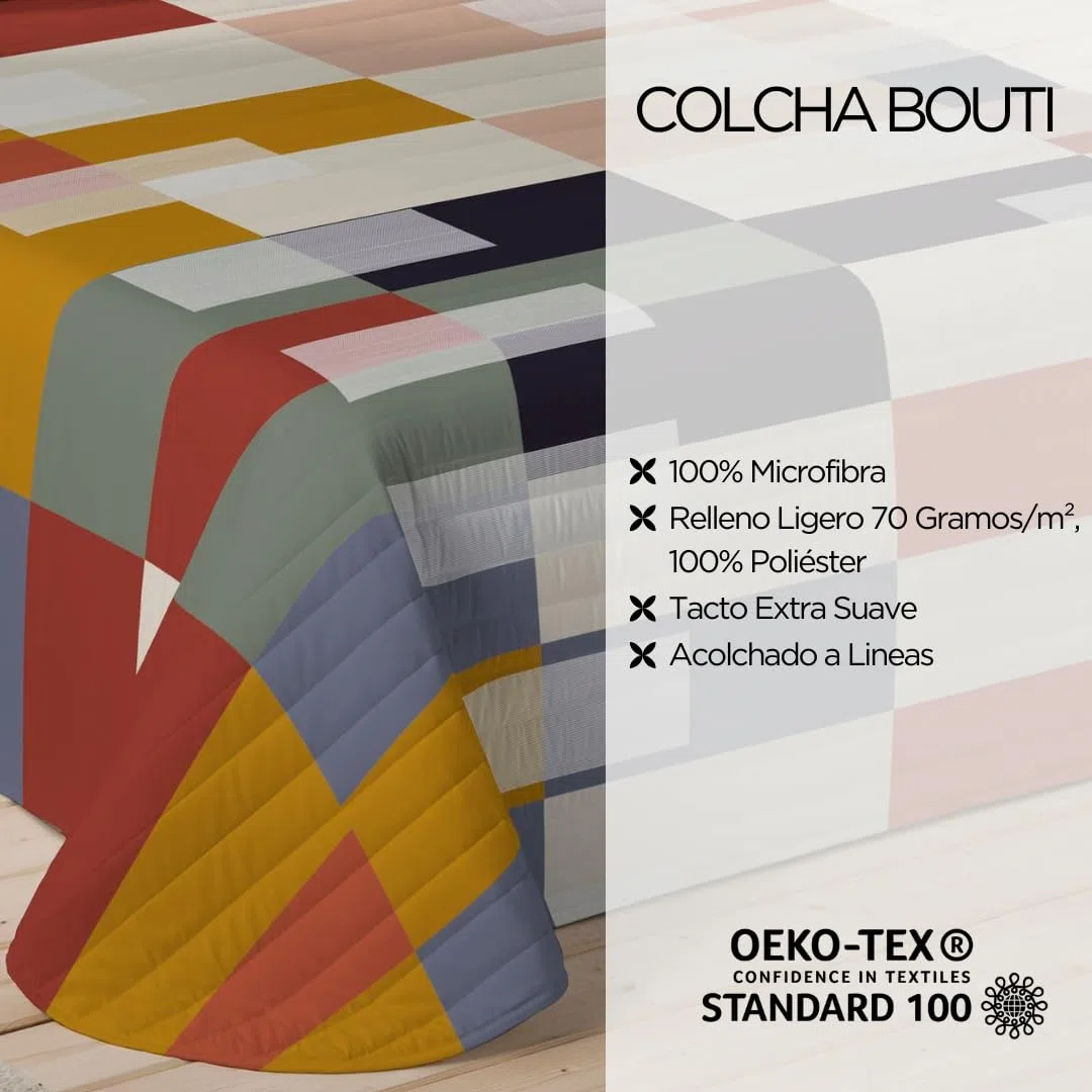 NATURALS - Colcha Bouti Estampada | Cama 90 (180x260 cm) | Microfibra Extrasuave | 1 Funda de Cojín 50x50 cm | Cubrecama Acolchado a Líneas | Ideal Primavera y Verano | Rozko