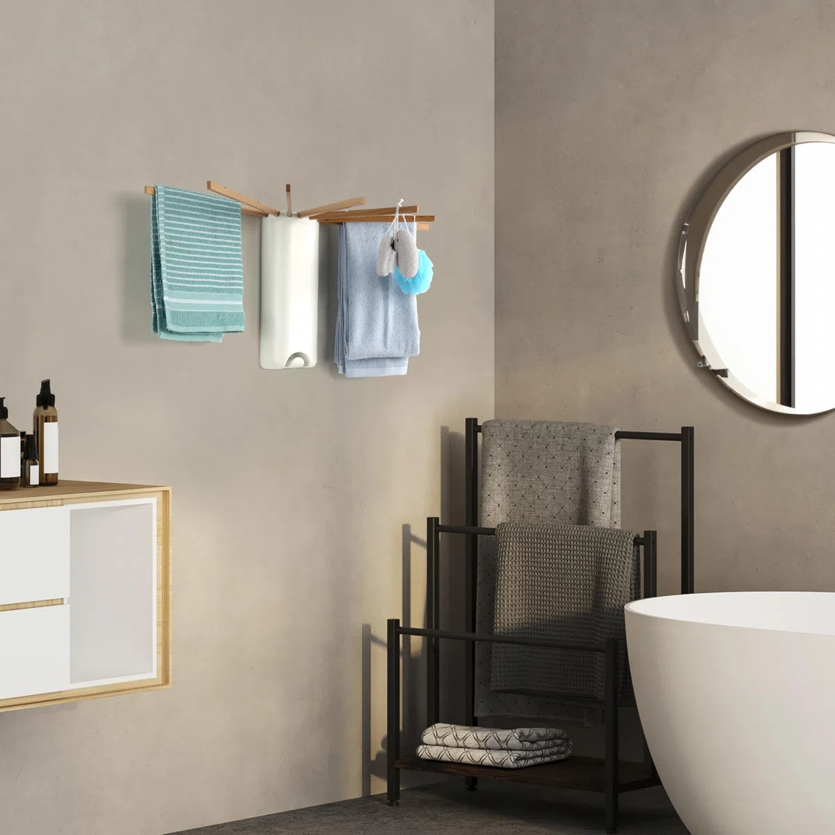 BELLE VOUS Tendedero Plegable de Pared - Tenderete Retractil con Brazos Colgantes de Madera para Secar Ropa en Interior o Exterior - Tendal Colgador Retráctil Extensible
