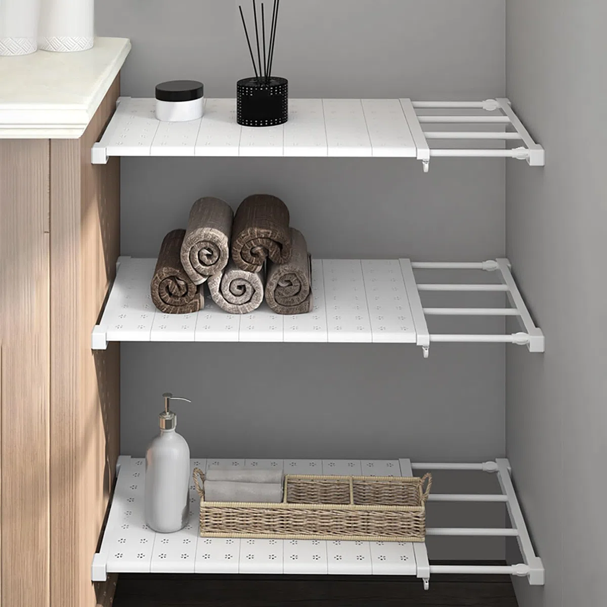 Bocguy Estantes ajustables para armario, estantería de almacenamiento, estante separador, estantes extensibles para armario, armario, cocina, baño, 35 cm de ancho, longitud ajustable 38-60 cm