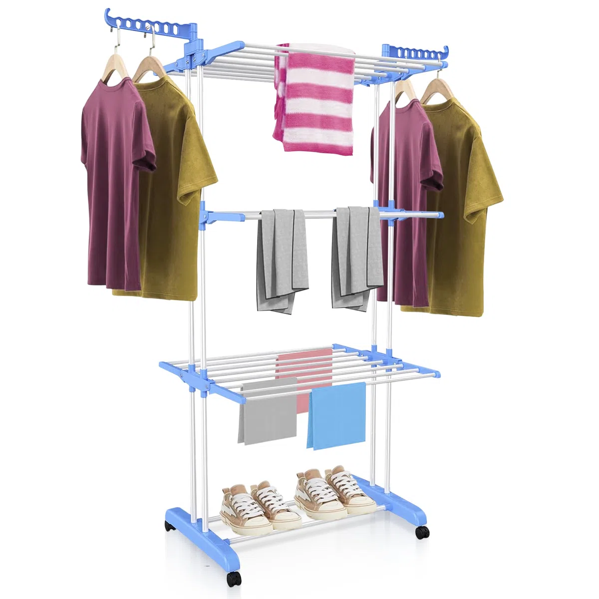 JUPPLIES Tendedero Vertical Plegable 175 cm Extensible 4 Niveles – Acero Inoxidable con Alas Giratorias y Ruedas – Compacto y Montaje Fácil para Piso, Cocina o Balcón