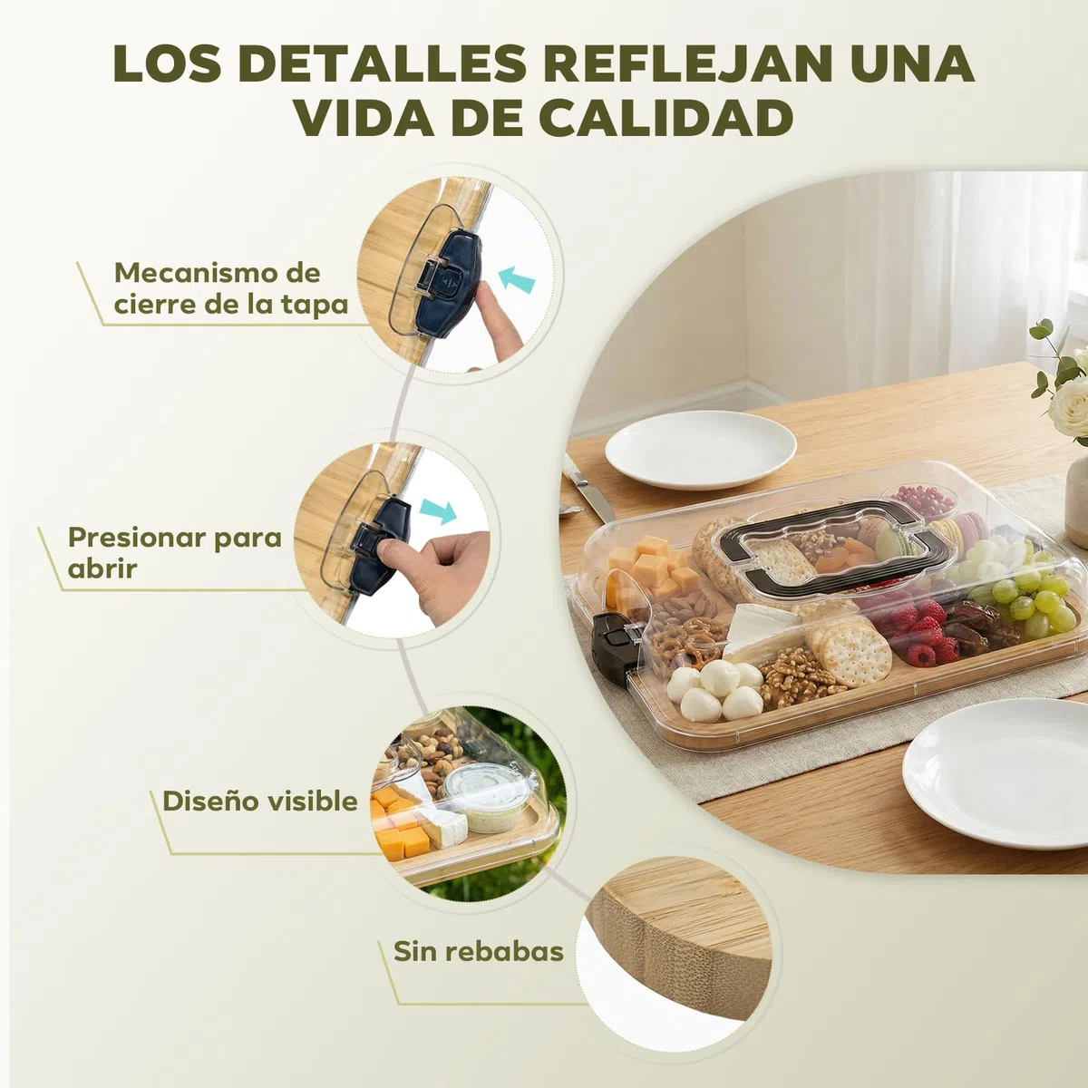Tabla de Charcutería con Tapa – Bandeja para Quesos Portátil con 6 Compartimentos, Tabla de Madera de Bambú – Ideal para Picnic, Brunch y Viajes