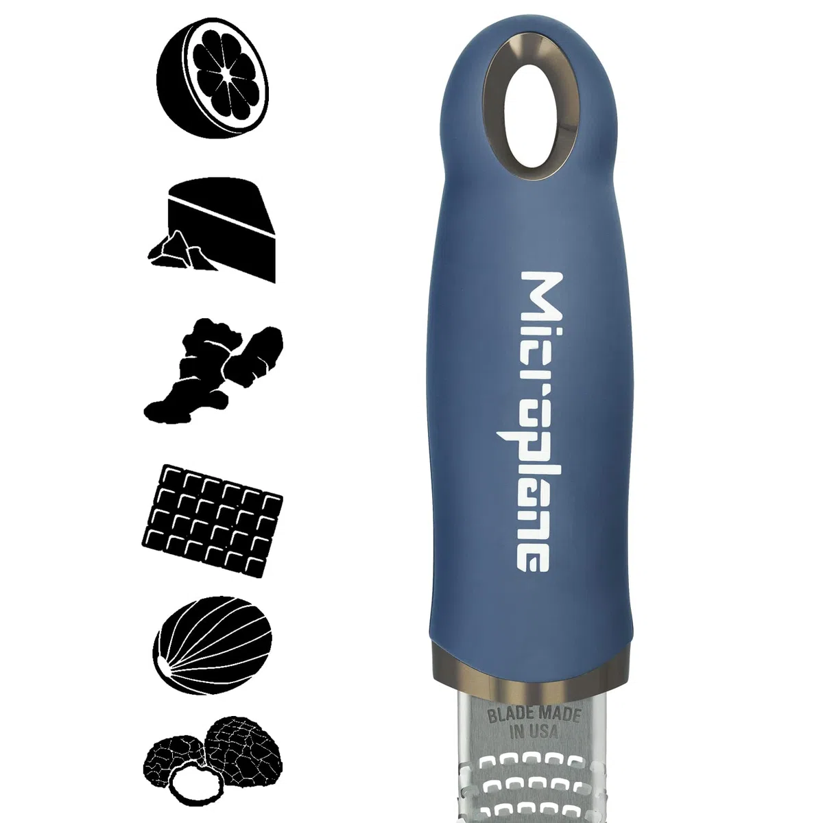 Microplane Zester - Rallador de cocina en Azul Mezclilla para cítricos, parmesano, jengibre, chocolate y nuez moscada con hoja fina de acero inoxidable. Fabricado en Estados Unidos