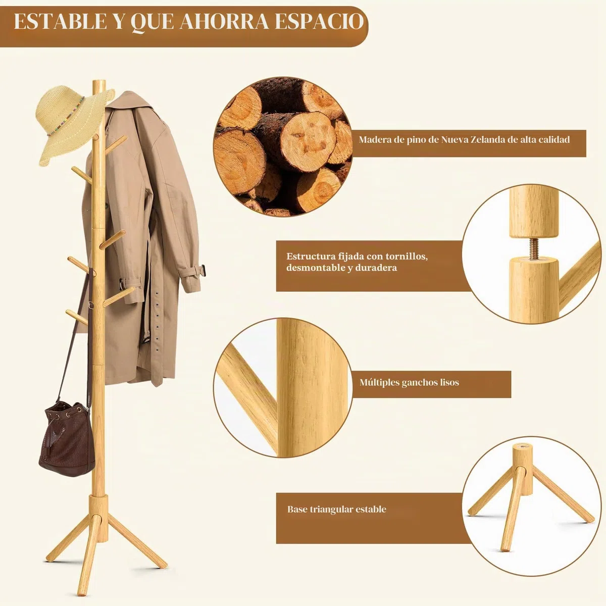 Perchero de Madera de Pino con 8 Ganchos + 6 Clips Inox – Perchero Moderno Ahorro de Espacio para Entrada, Dormitorio, Oficina (color primario)