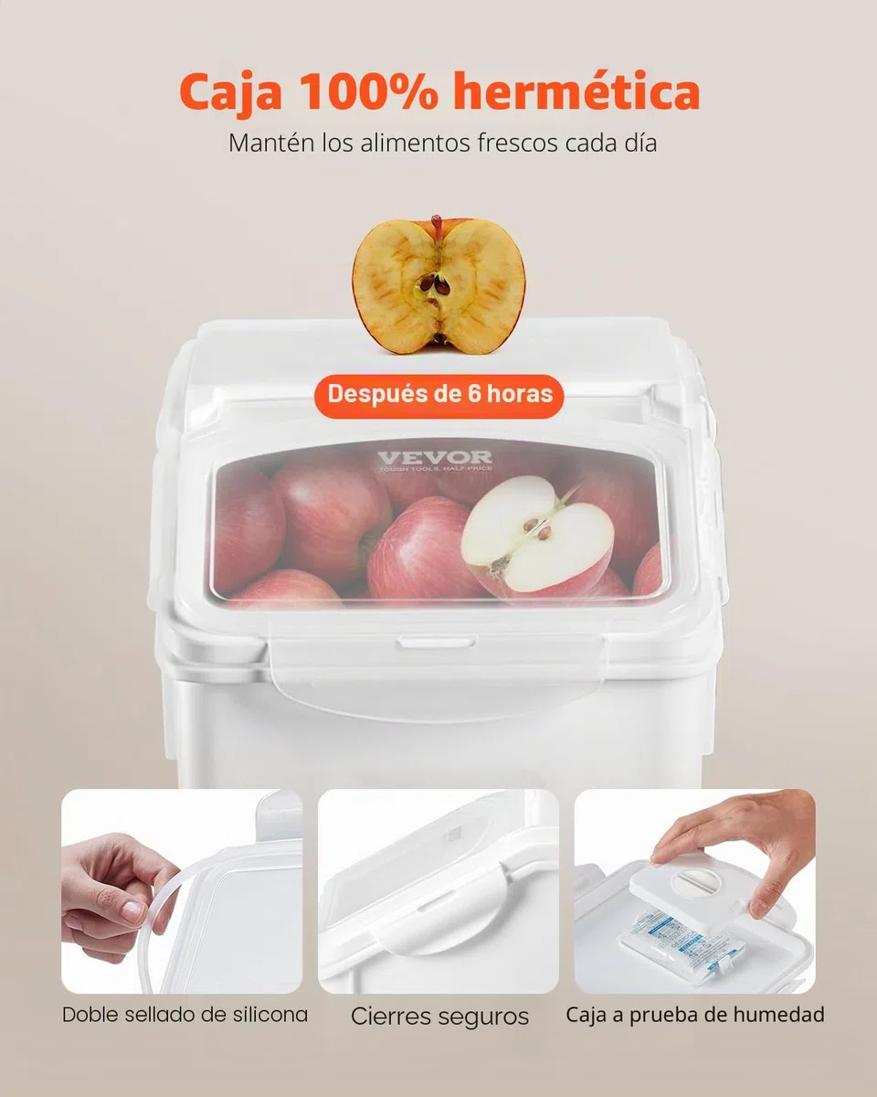VEVOR Contenedor de Almacenamiento de Arroz, 15 L x 2 + 20 L x 2, para Cereales y Granos para Ingredientes de Cocina, para Mascotas con Ruedas, 4 Tazas Medidoras, 365 x 230 x 365 mm ± 10 mm, Blanco