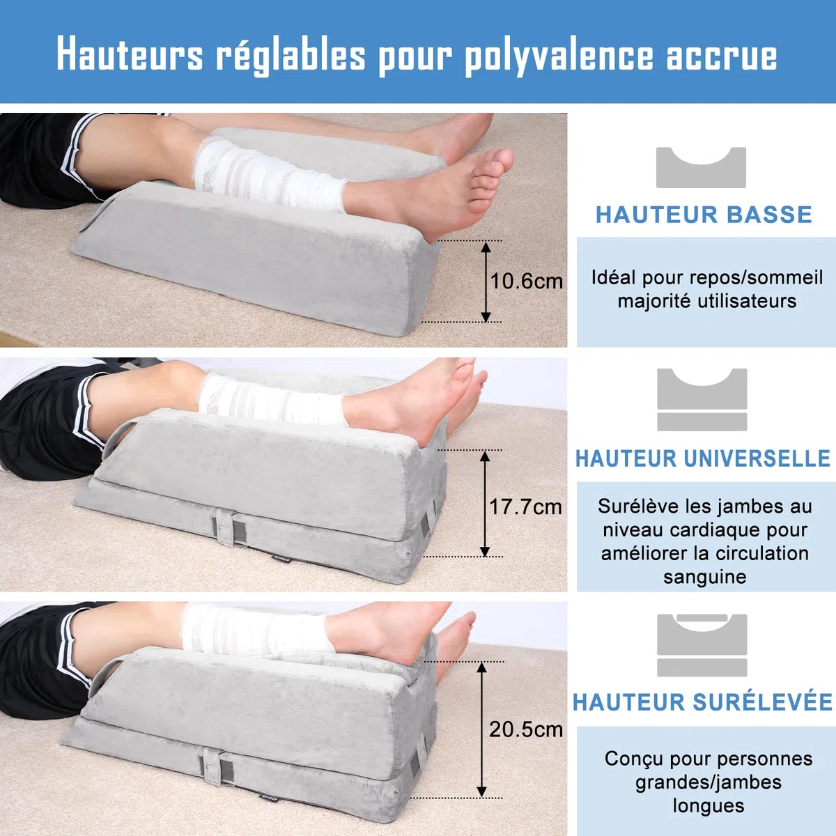 Cojines de elevación de piernas ajustables en 4 alturas, ideal después de una cirugía, para lesiones o relajación, espuma de memoria ortopédica, con 3 asas y un inserto extraíble, funda de terciopelo