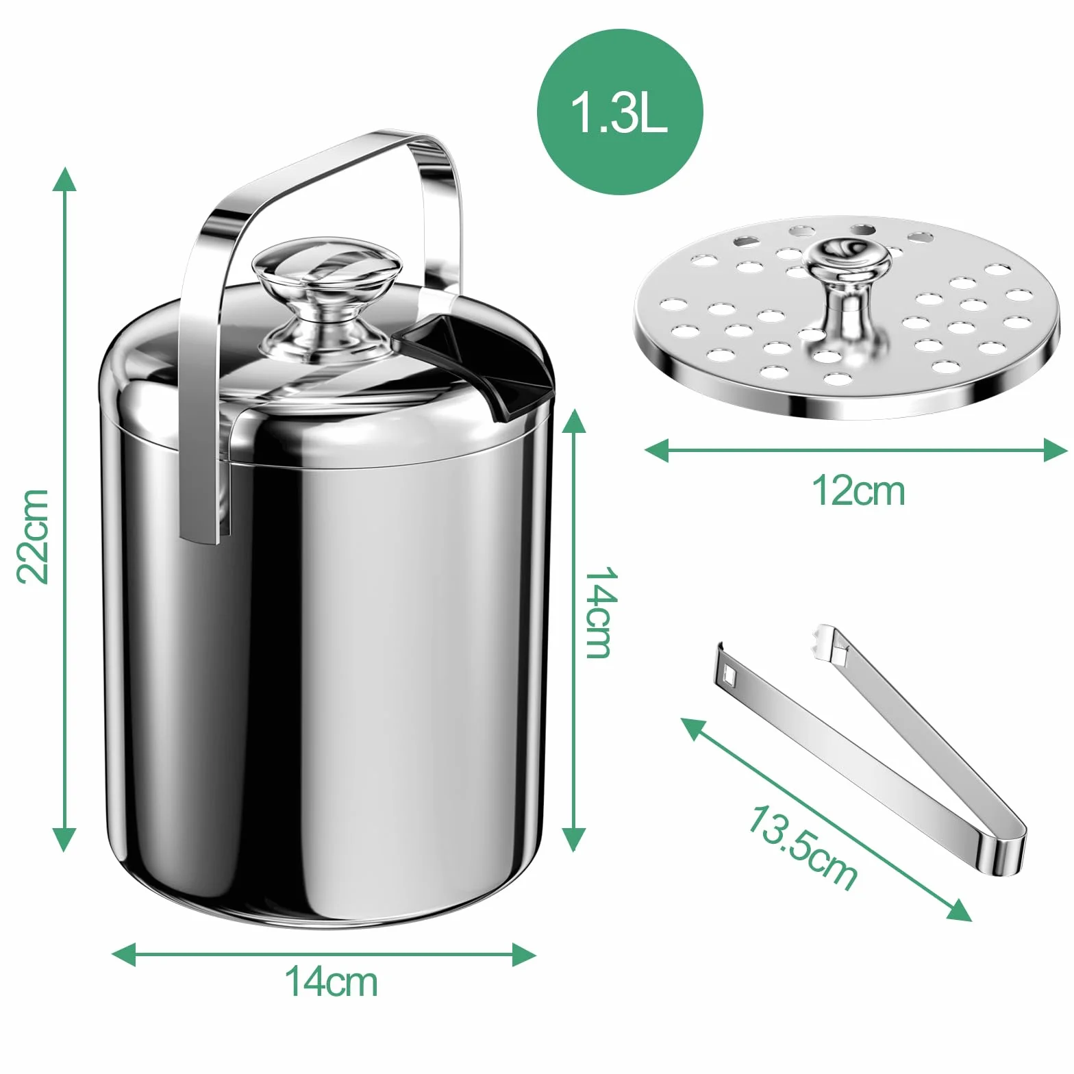 1.3 L Cubiteras Acero Inoxidable, Cubitera Hielo con Tapa, Pinzas y Colador, Cubo de Hielo Aislado, Contenedor de Cubitos de Hielo, Ice Bucket, para Bar, Cumpleaños, Fiestas de Picnics