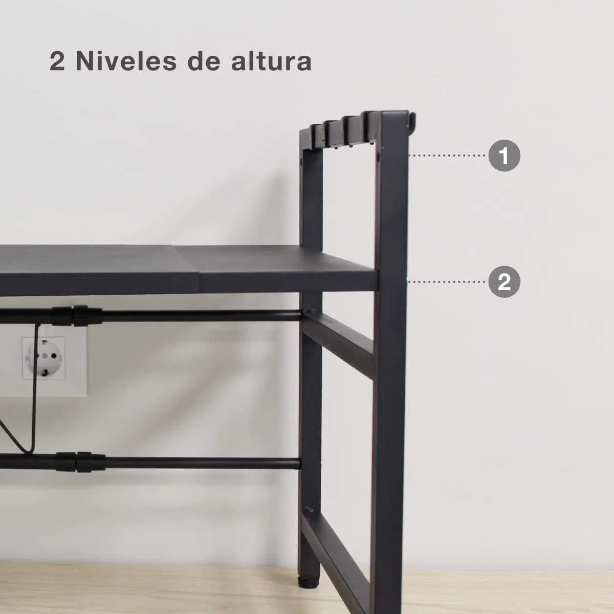 HOLMIOS Soporte para Microondas Extensible | Estante Organizador para Encimera | Multiusos | hasta 20kg | Estable y Antideslizante | 2 Niveles | Color Negro