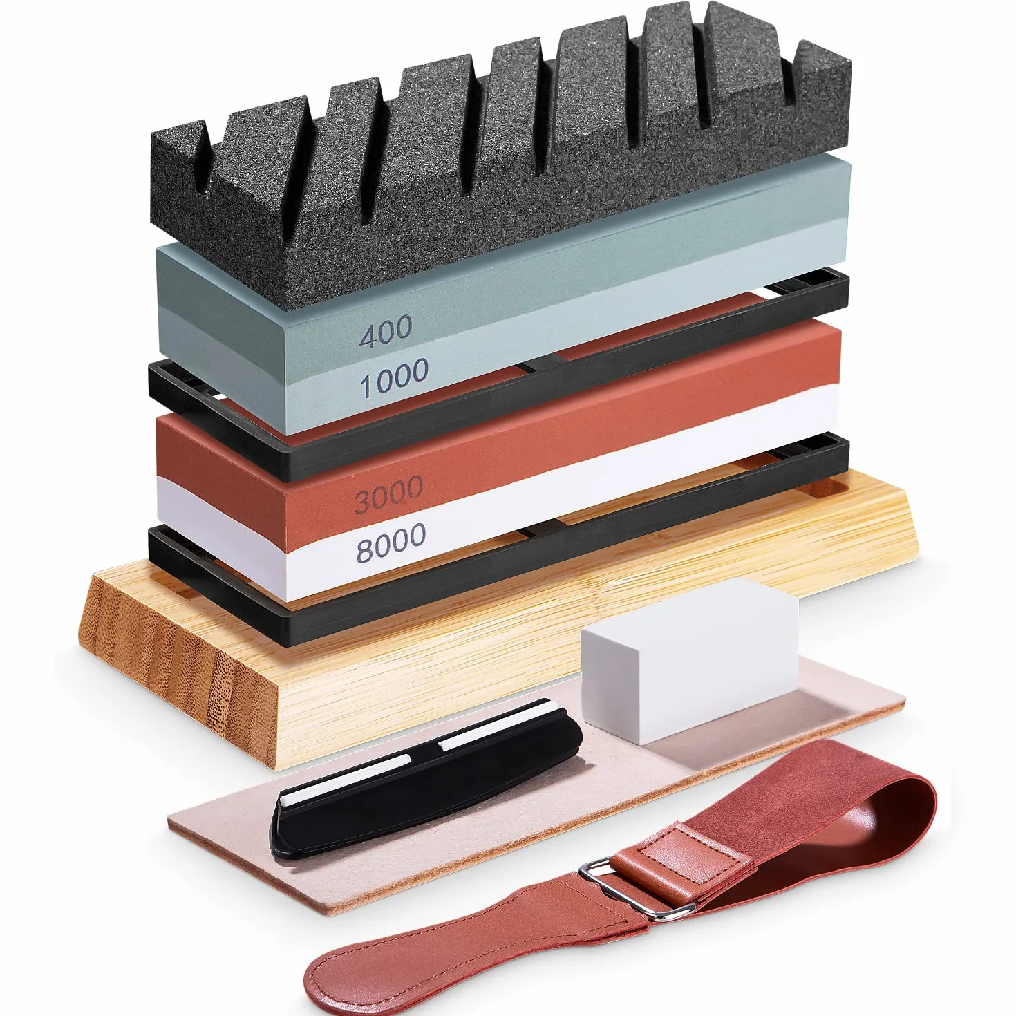 Profesional Piedra Afilar Cuchillos, Kit de Piedra de Afilar 400/1000 3000/8000 Grit para Cuchillos de Cocina, Con Base Antideslizante de Bambú, Guía de ángulo y piedra de aplanamiento