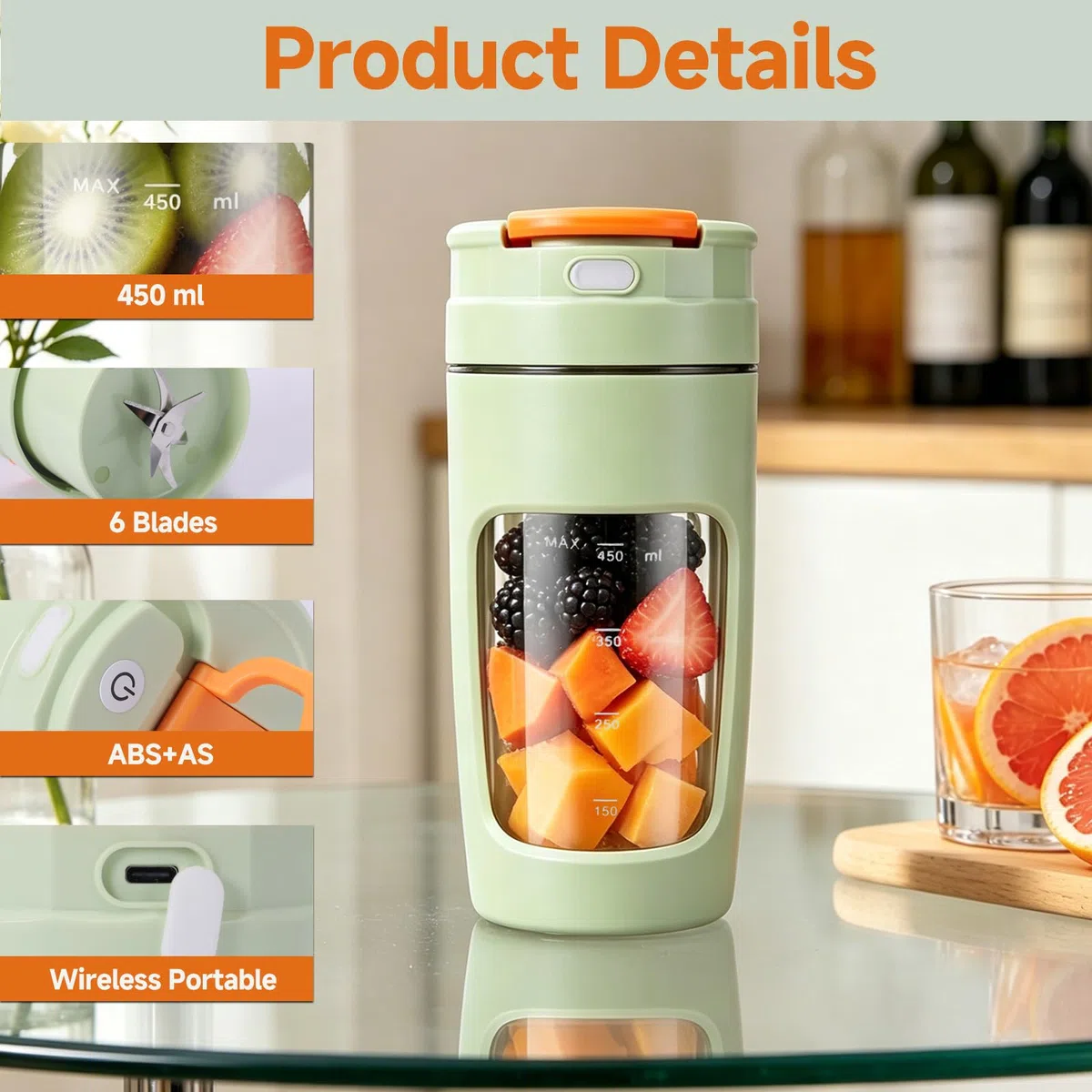 Batidora Portátil, 500ML Recargable Mini Licuadora con 4 Cuchillas de Acero Inoxidable, Vaso de Viaje con Tapa Antigoteo, Ideal para Smoothies, Batidos, Zumos, Picar Hielo y Frutas Congeladas