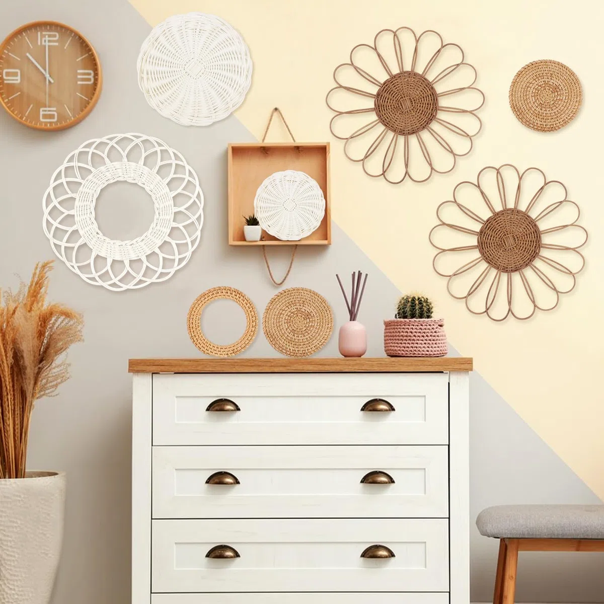 YIYA Juego de 8 Cestos Mimbre Decoración Pared Cestas de Ratán para Pared Decoración Bohemia para Decoración de Pared Sala de Estar o Dormitorio