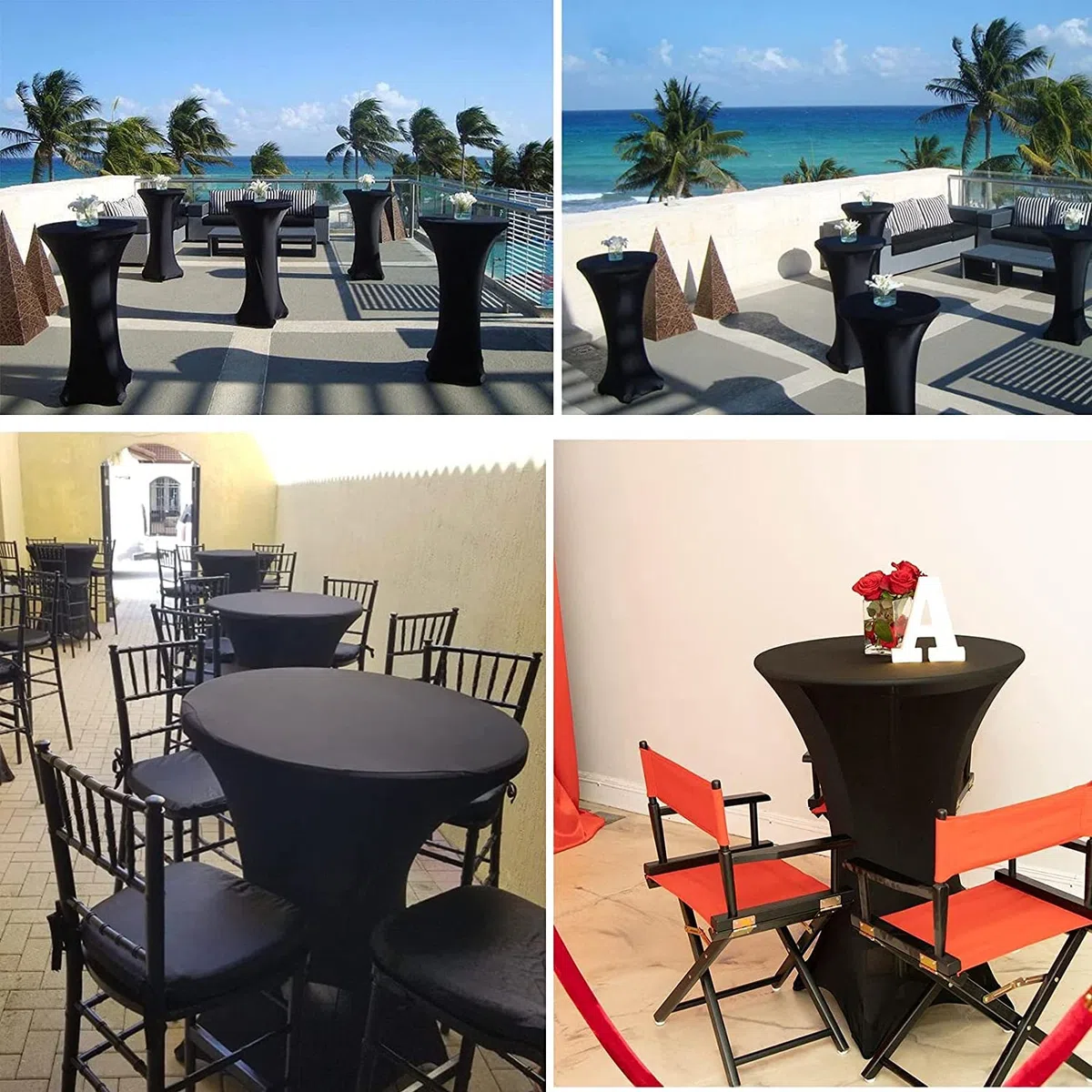 6 paquetes de mantel redondo elástico de licra para cóctel, esquinas cuadradas de cóctel, manteles de cóctel elásticos de parte superior alta para bodas, fiestas, banquetes, cumpleaños (negro)