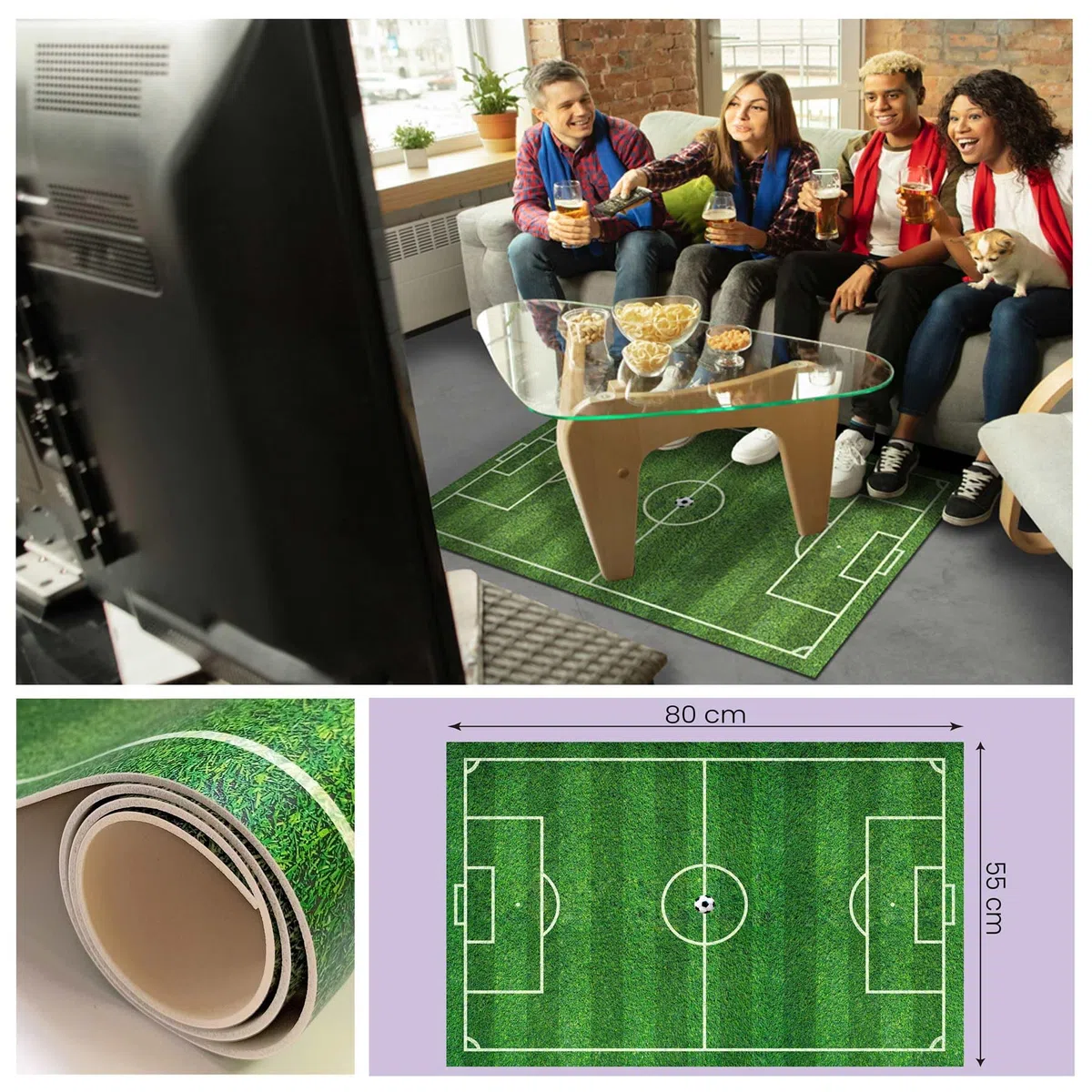 GOYAPRINT Alfombra Infantil Campo de Futbol 80x55 cm Ideal para Zona de Juegos en Dormitorio Moqueta Vinilica Lavable SIN Pelo para Niños y Jovenes