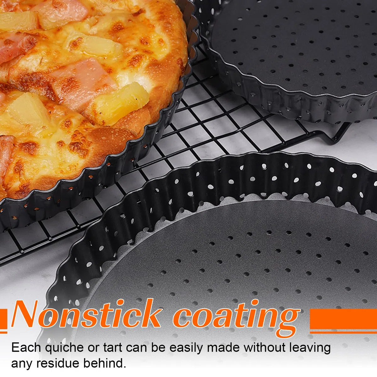 Molde para quiche de 9 pulgadas con base extraíble, bandeja para hornear pizza, molde redondo para tarta con revestimiento antiadherente y orificios de ventilación, moldes para quiche - negro