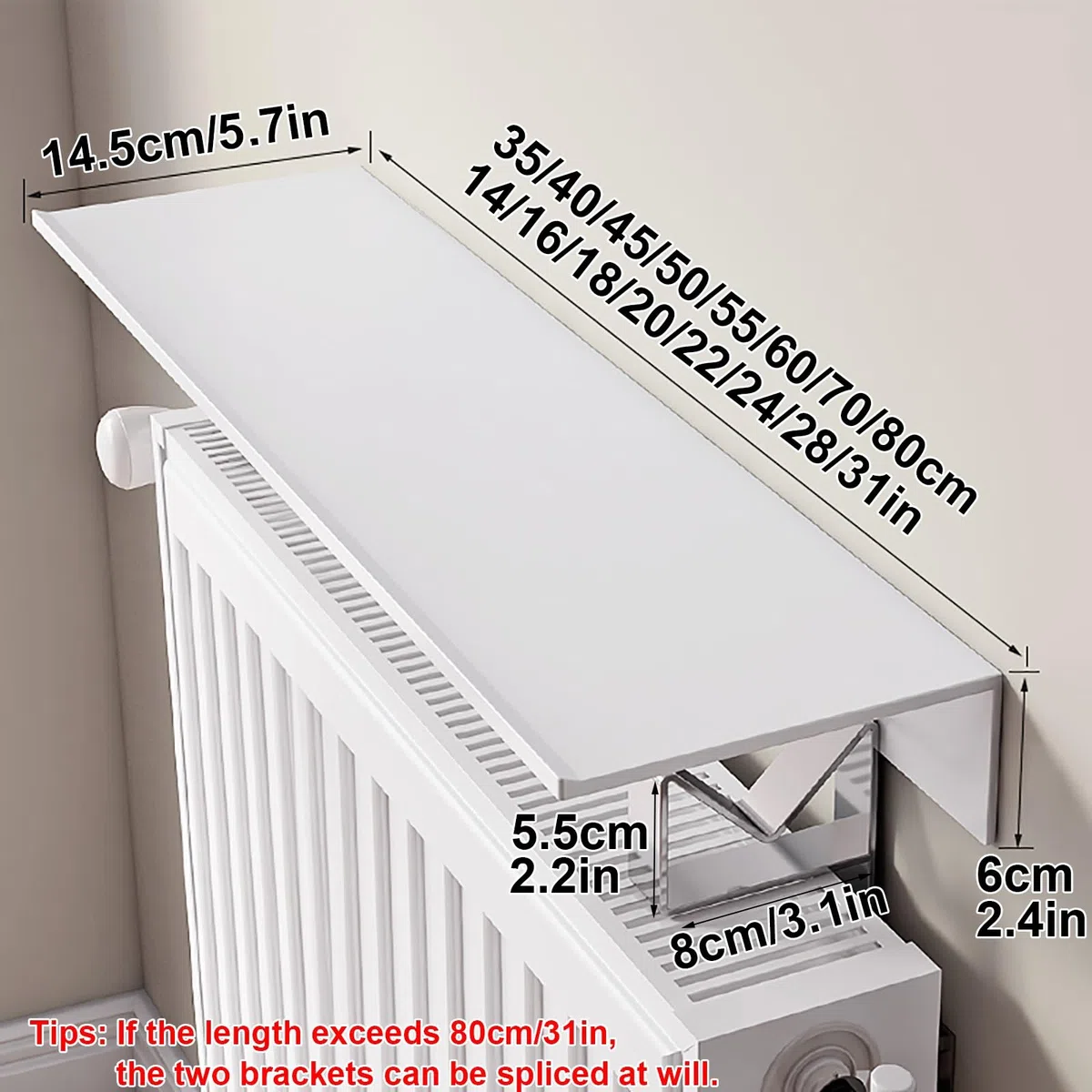 Estante de radiador blanco sin taladrar, estante de calefacción flotante con soporte fácil de montar, cubierta de radiador para el hogar (70 x 14,5 cm), solución de almacenamiento elegante y que
