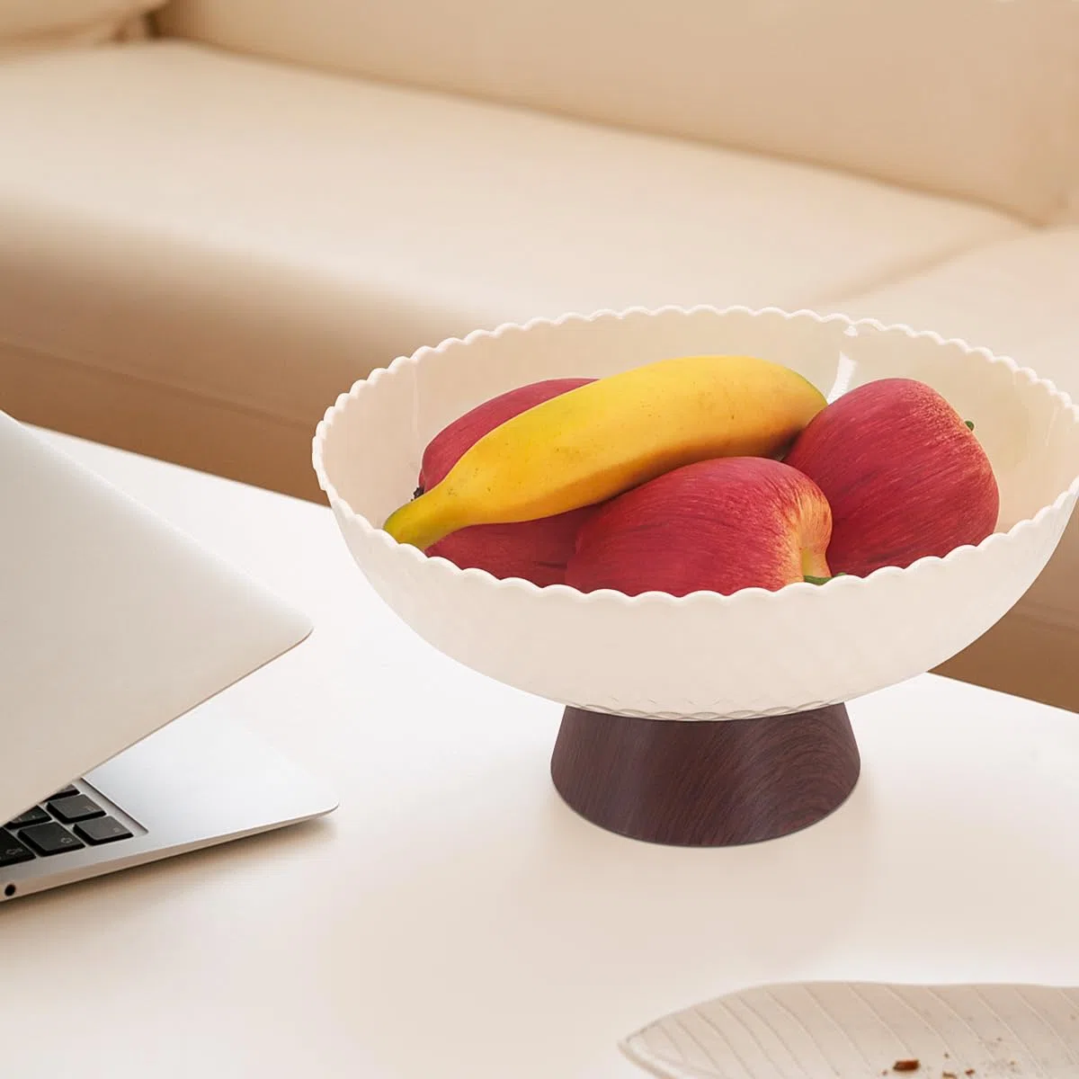 Frutero, cuenco de frutas de plástico, taza decorativa de pedestal de grano de madera, cesta de frutas decorativa, bandeja de almacenamiento de aperitivos (Blanco lechoso)